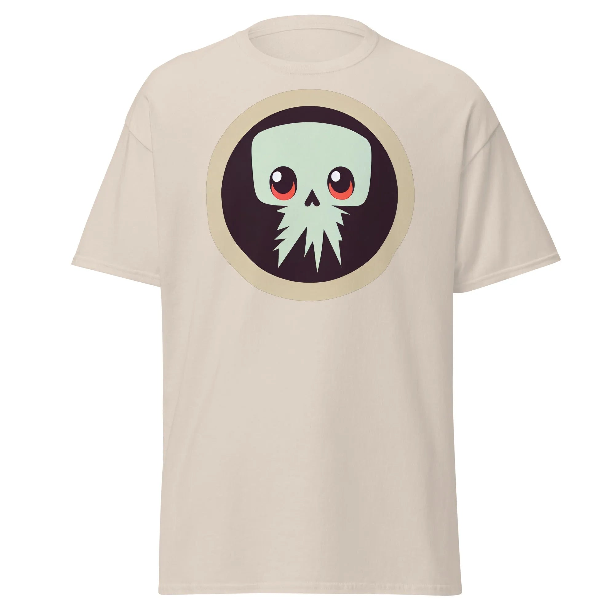 Creepy Skull natural Halloween T-shirt featuring a bold skull graphic design with large eyes and tentacles on black background.