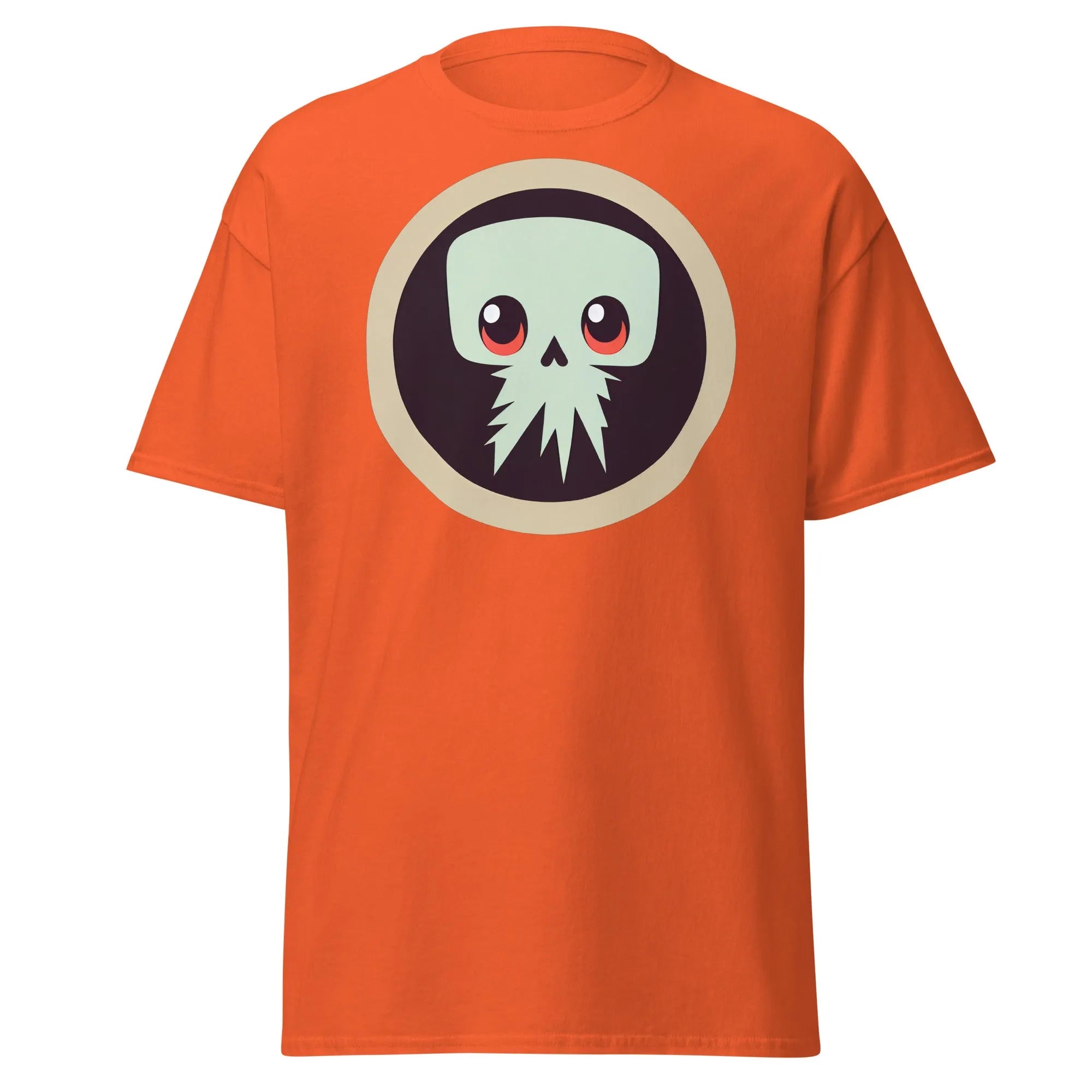Creepy Skull orange Halloween T-shirt featuring a bold skull graphic design with large eyes and tentacles on black background.