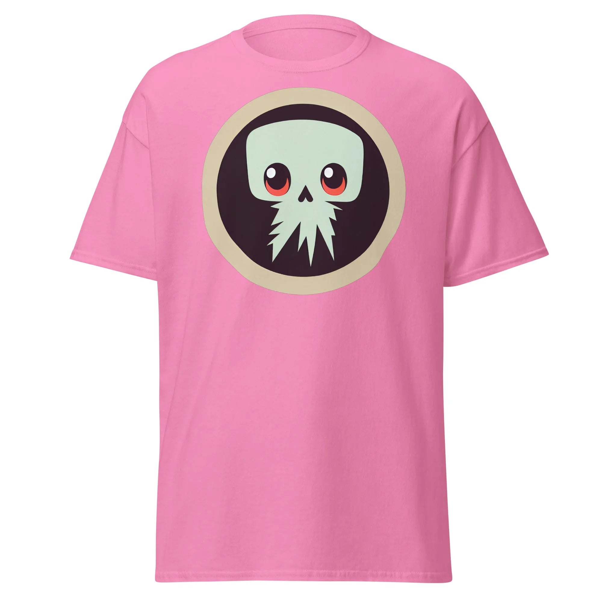 Creepy Skull pink Halloween T-shirt featuring a bold skull graphic design with large eyes and tentacles on black background.
