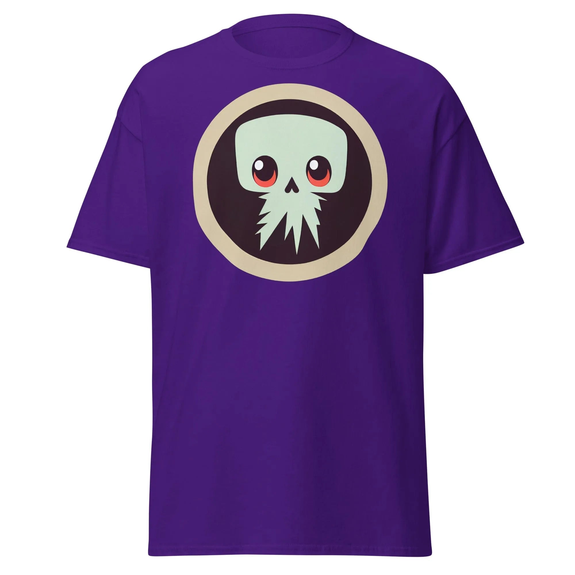 Creepy Skull purple Halloween T-shirt featuring a bold skull graphic design with large eyes and tentacles on black background.