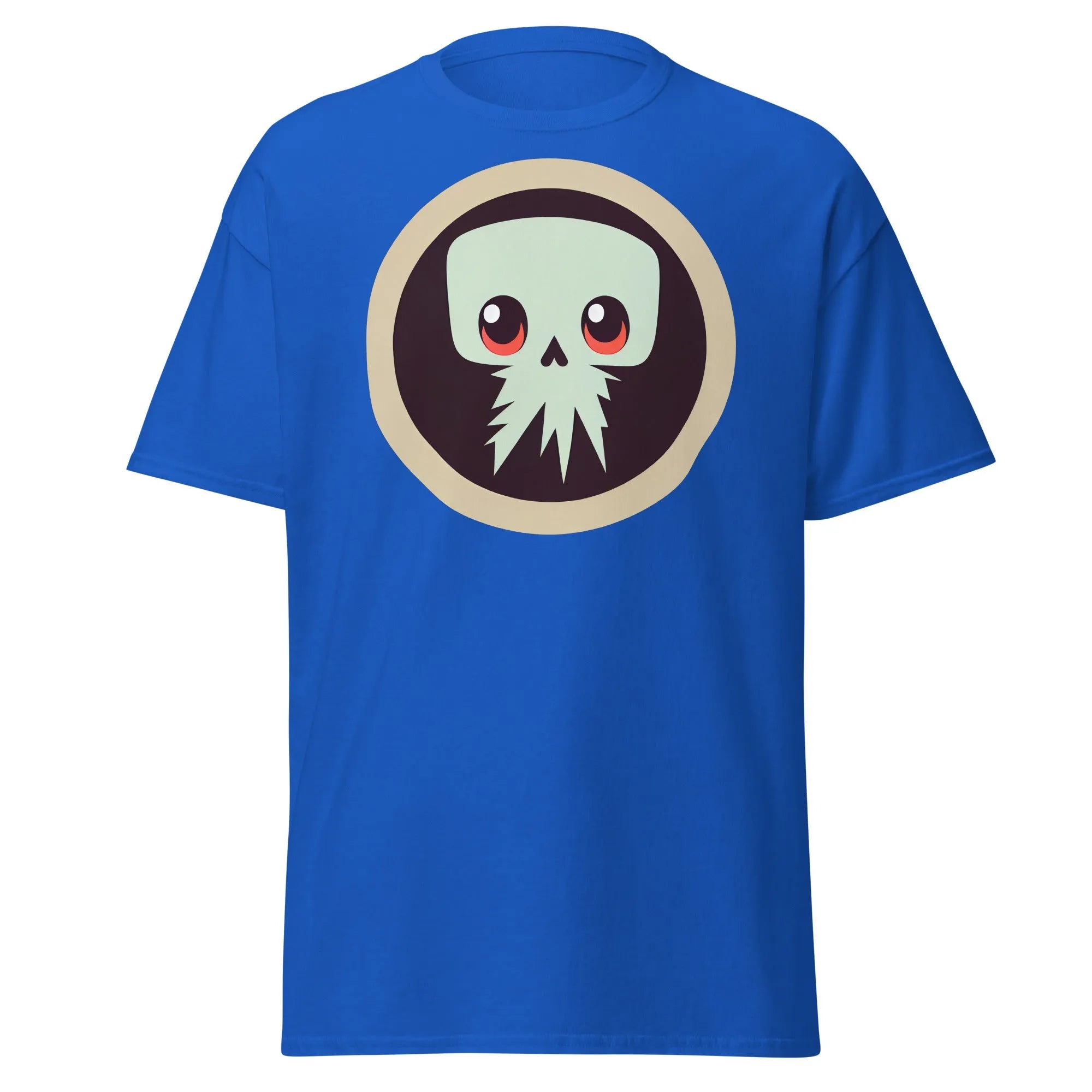 Creepy Skull royal blue Halloween T-shirt featuring a bold skull graphic design with large eyes and tentacles on black background.
