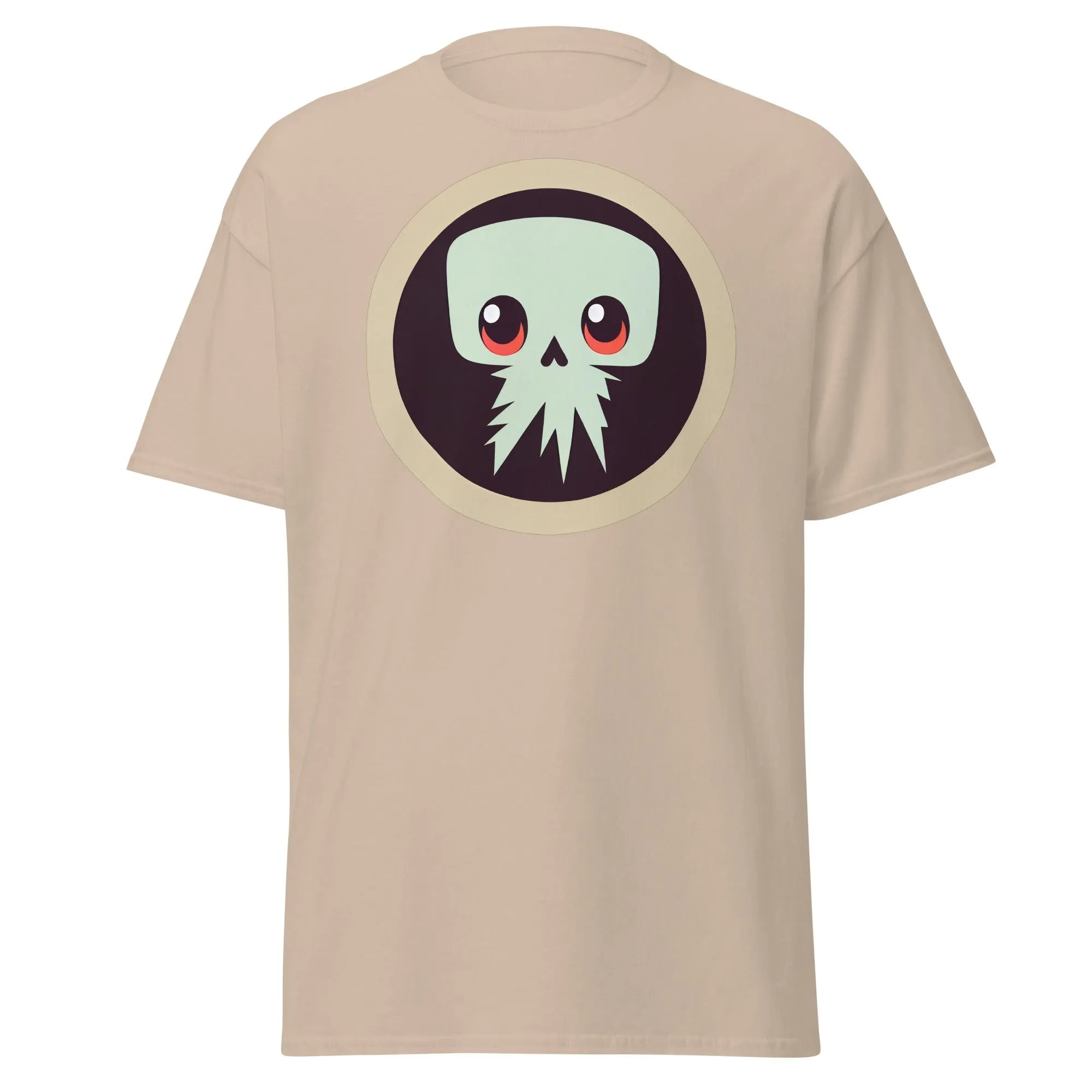 Creepy Skull sand Halloween T-shirt featuring a bold skull graphic design with large eyes and tentacles on black background.