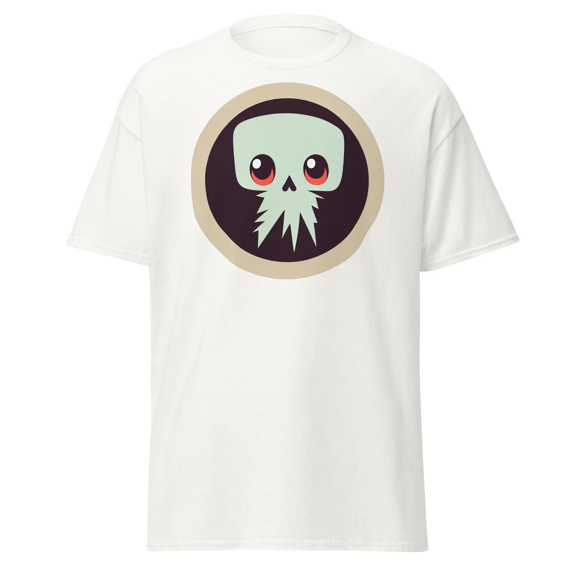 Creepy Skull white Halloween T-shirt featuring a bold skull graphic design with large eyes and tentacles on black background.