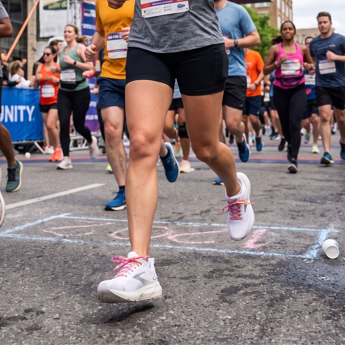 Custom Brooks sneaker laces worn during a marathon race, showcasing branded shoelaces in a real-world running event.