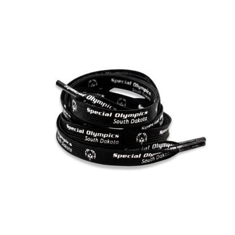 A coiled bundle of black shoelaces printed with 'Special Olympics South Dakota' and the organization's logo, shown on a plain white background.