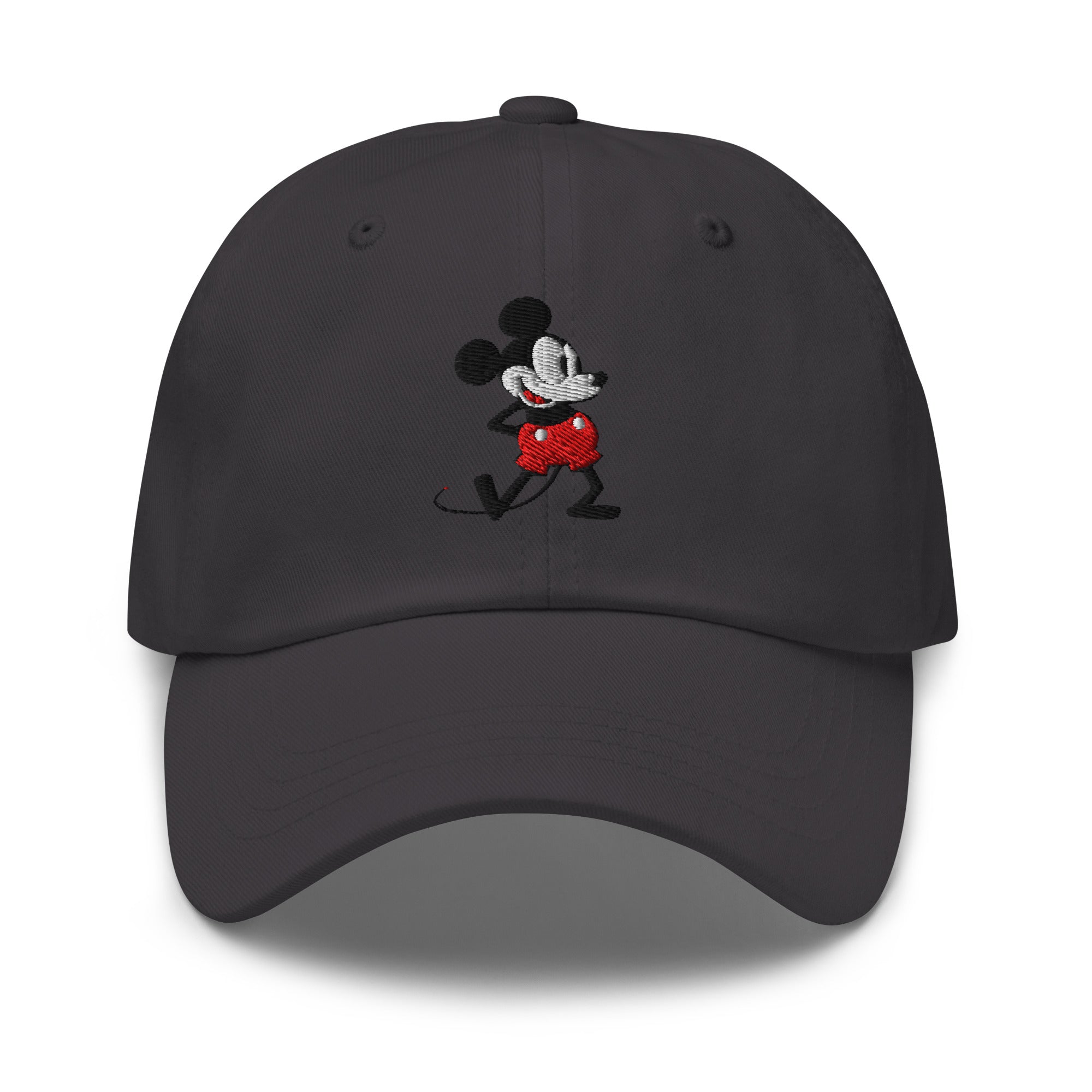 Dark grey dad hat with a 1928 Mickey Mouse embroidered cartoon character.