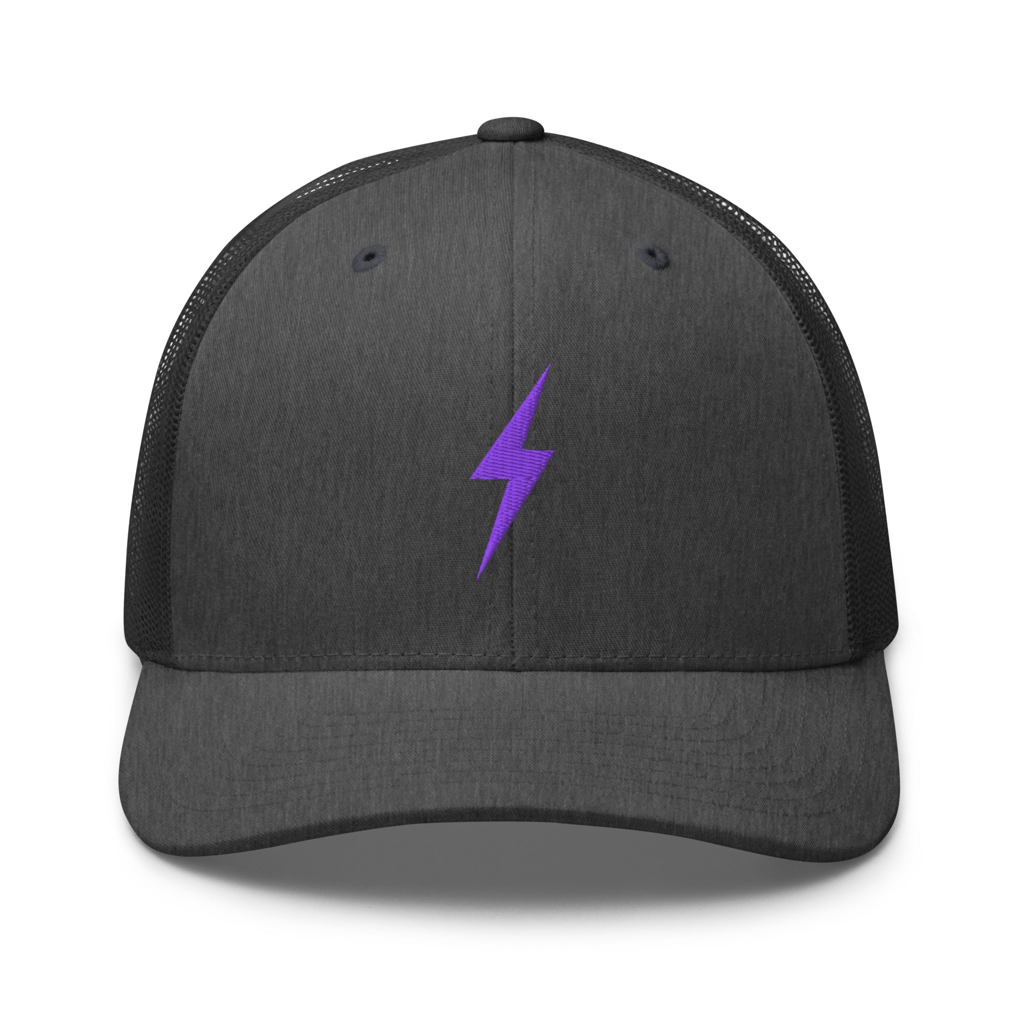 Dark grey trucker hat with an embroidered purple lightning bolt design on the front panel