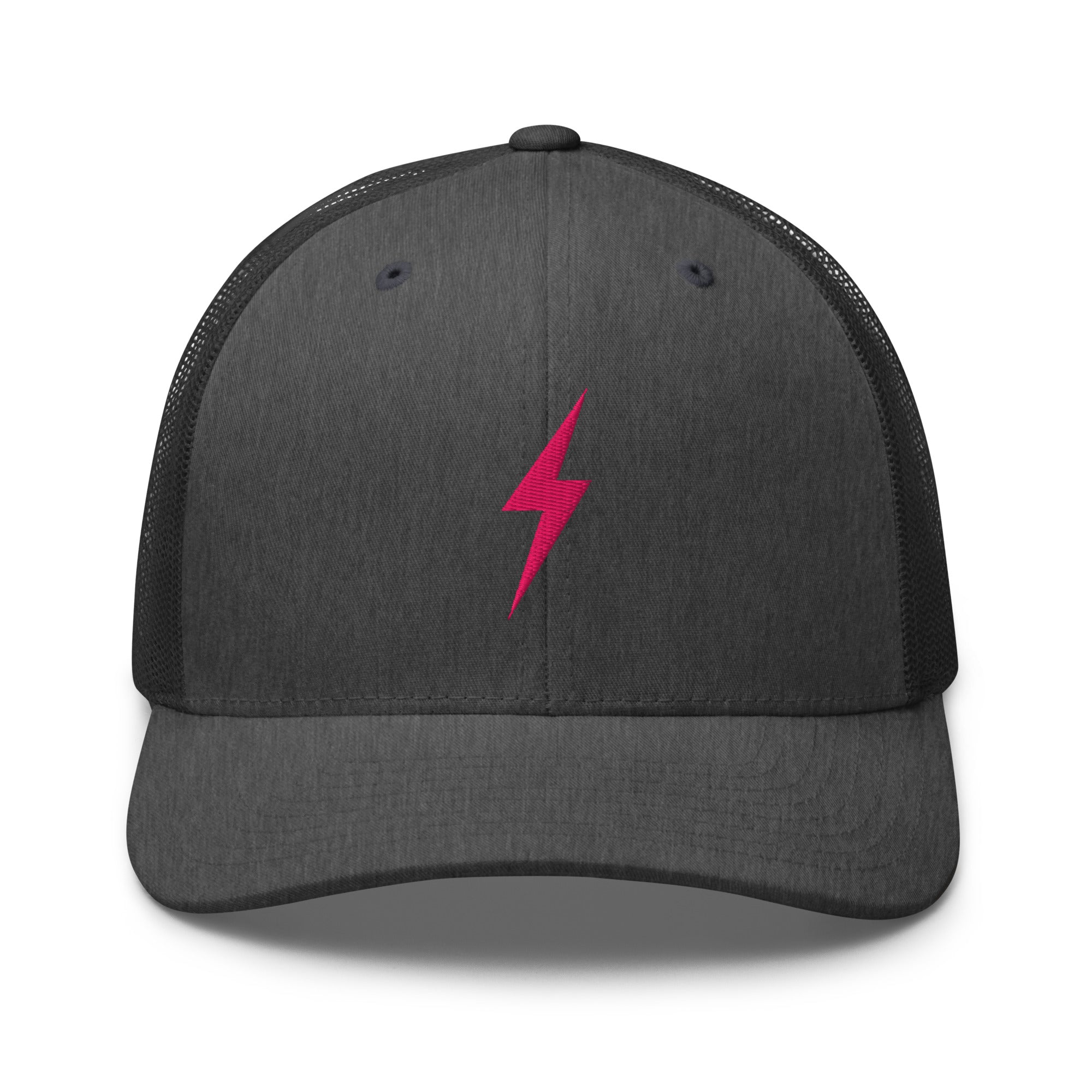 Dark grey trucker hat with pink lightning bolt design on front panel
