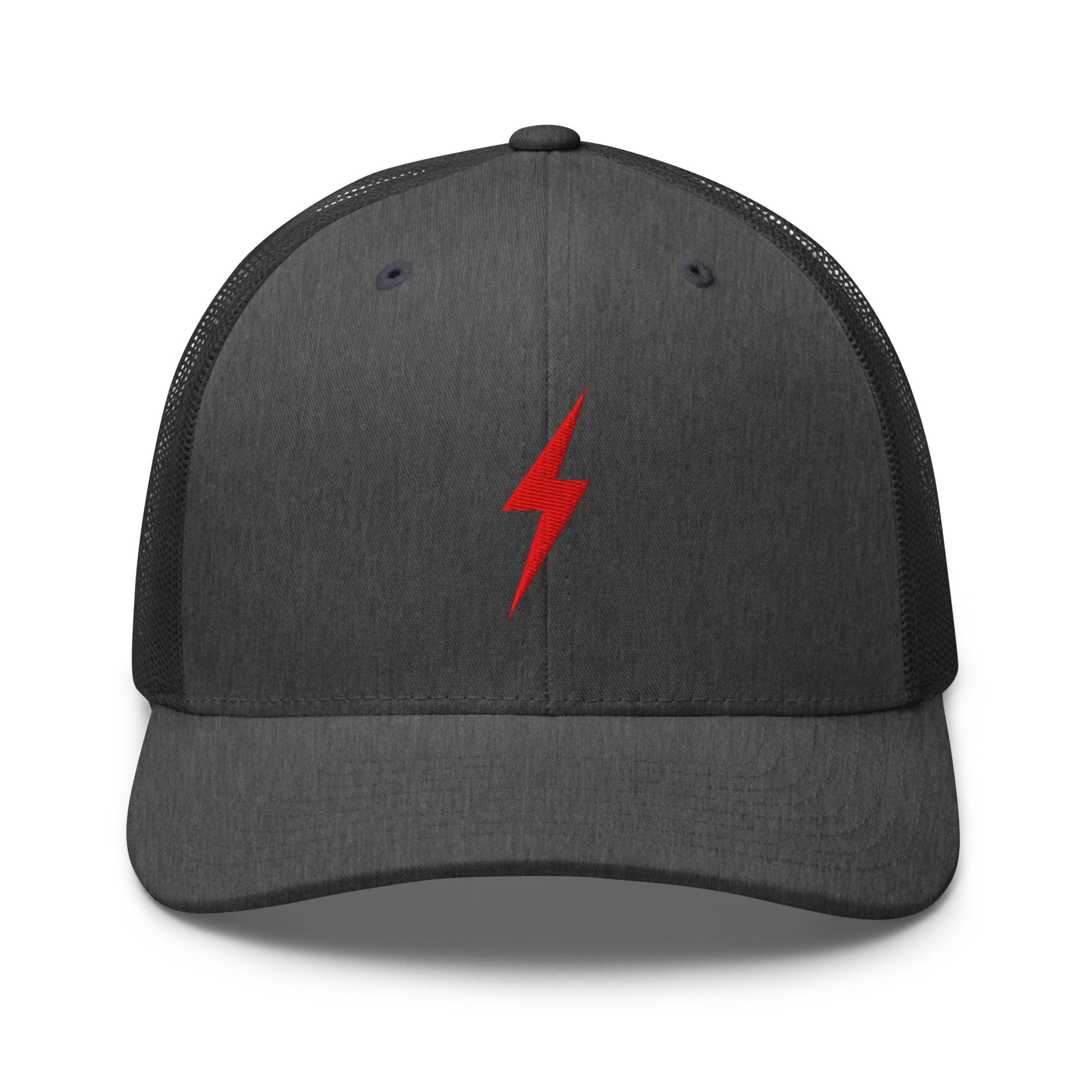 Dark grey trucker hat with an embroidered red lightning bolt design on the front panel