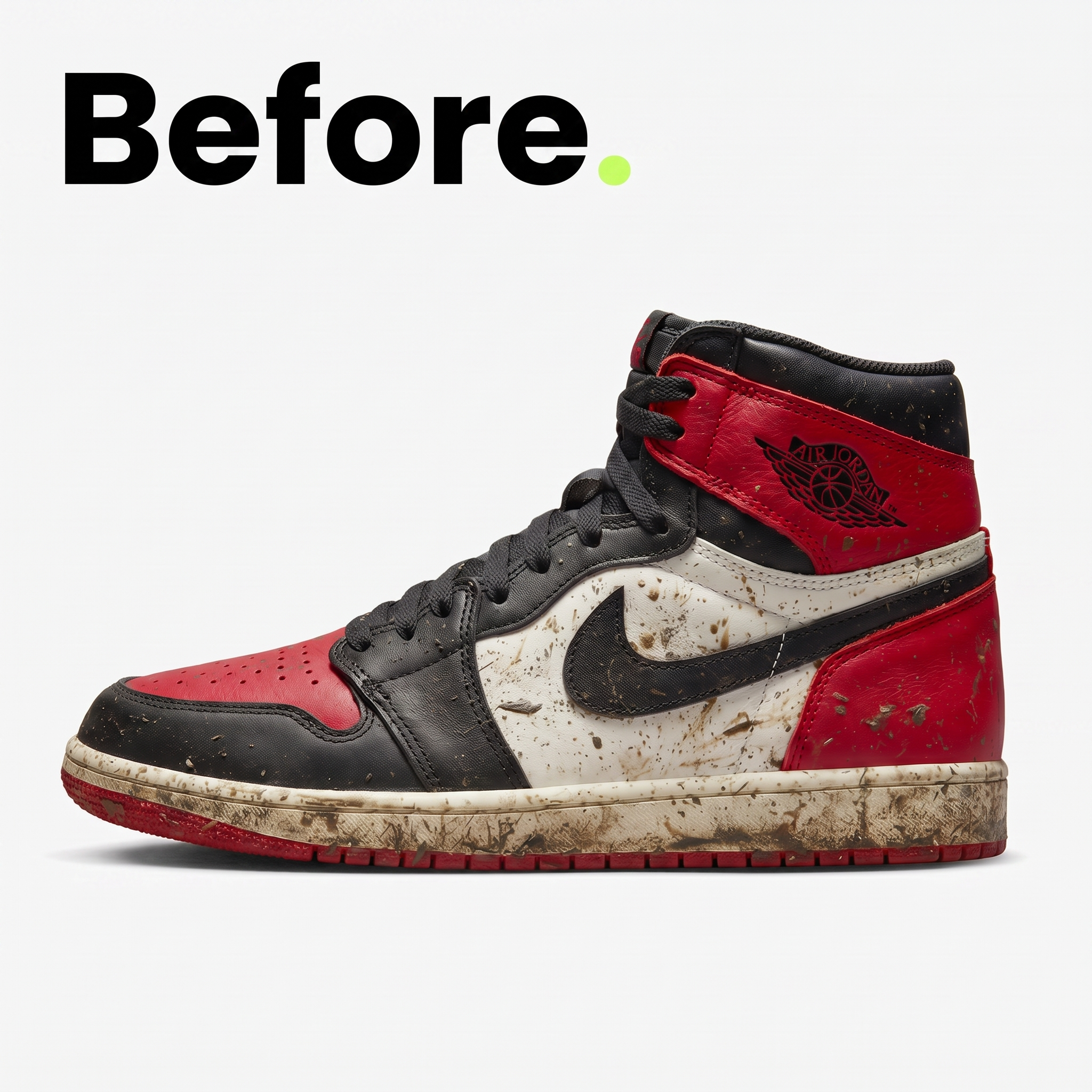 Dirty Nike Air Jordan 1 covered in mud before cleaning with a sneaker cleaning kit.