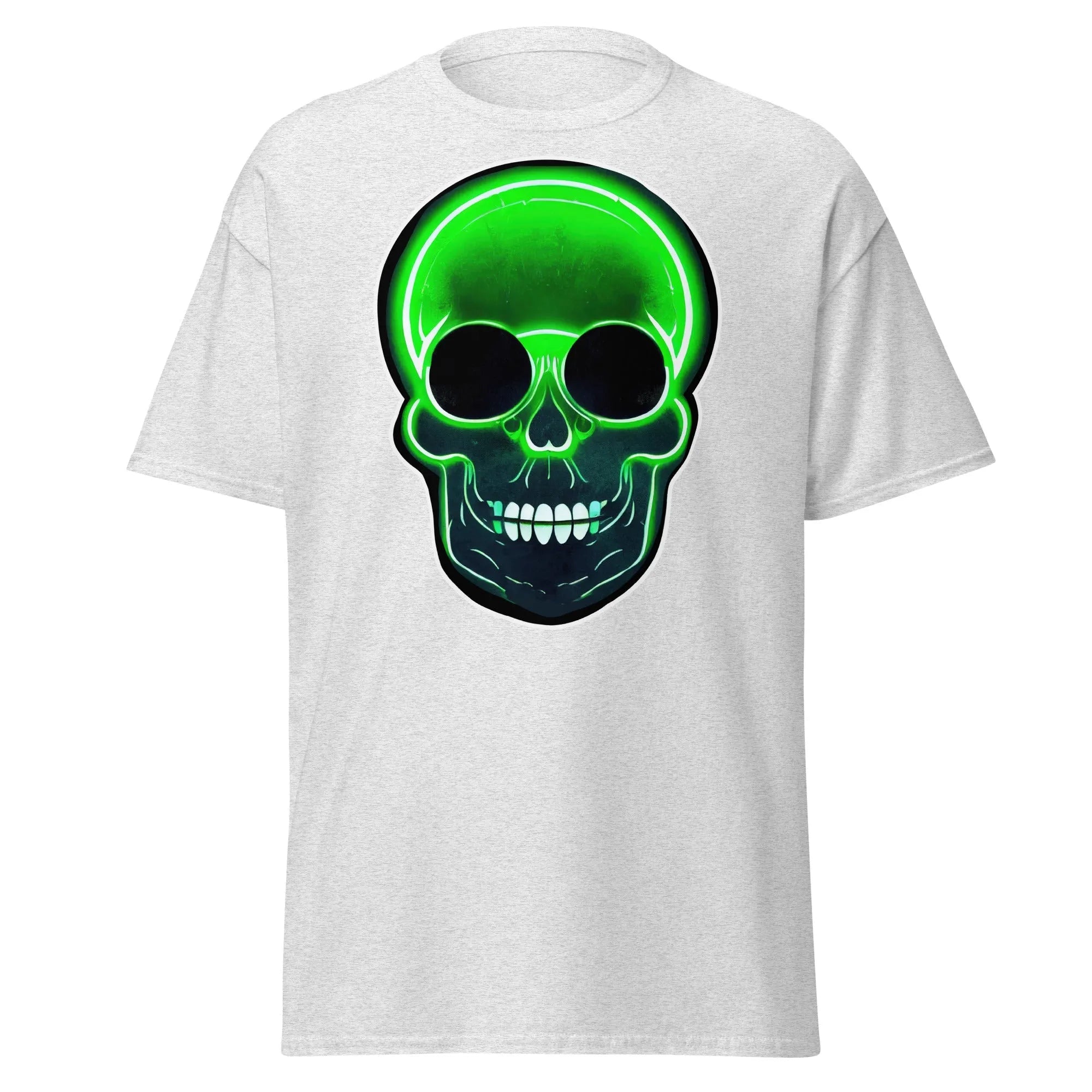 Glowbone Skull ash Halloween T-shirt featuring a bold neon green skull with glowing edges and dark eye sockets on the front.
