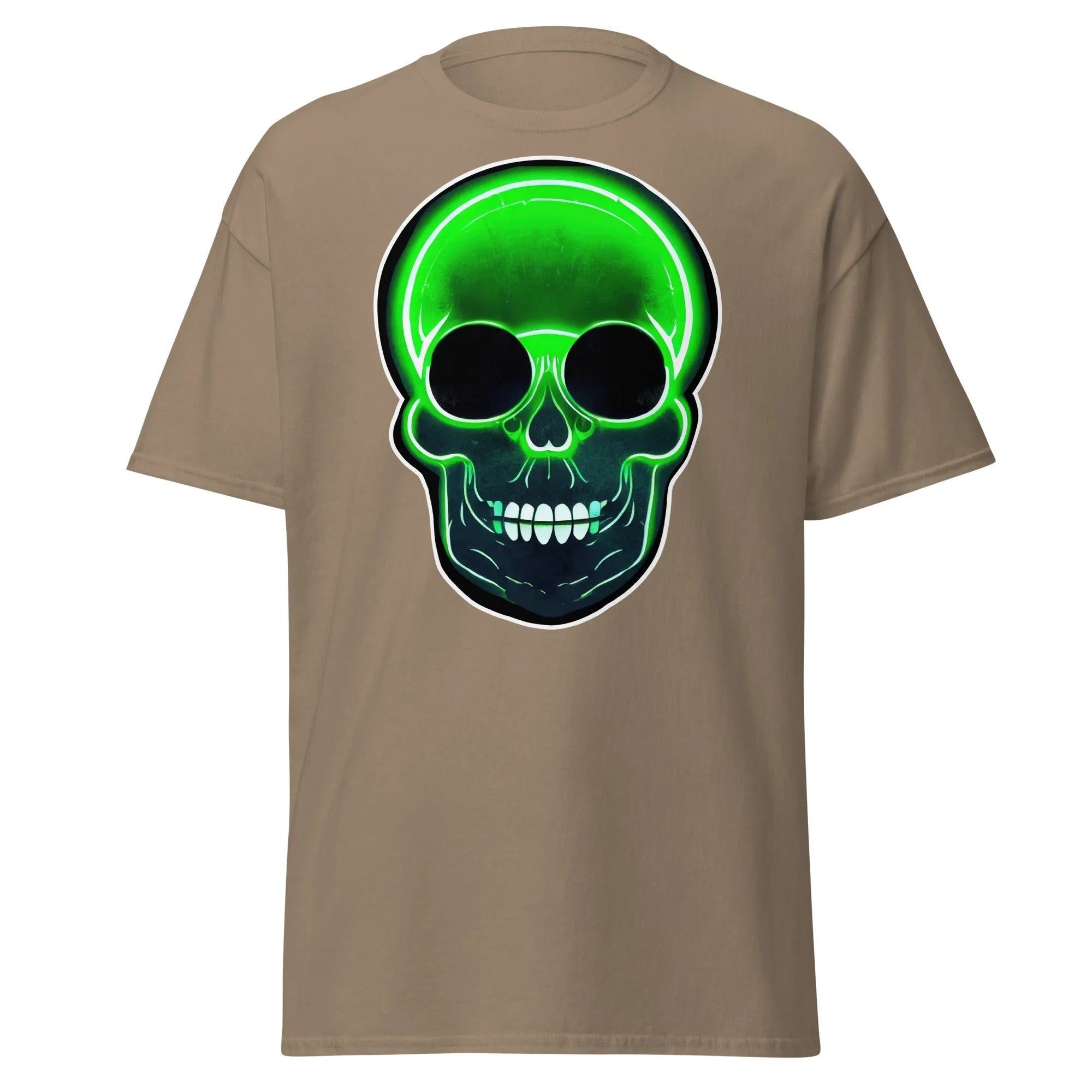 Glowbone Skull brown Halloween T-shirt featuring a bold neon green skull with glowing edges and dark eye sockets on the front.