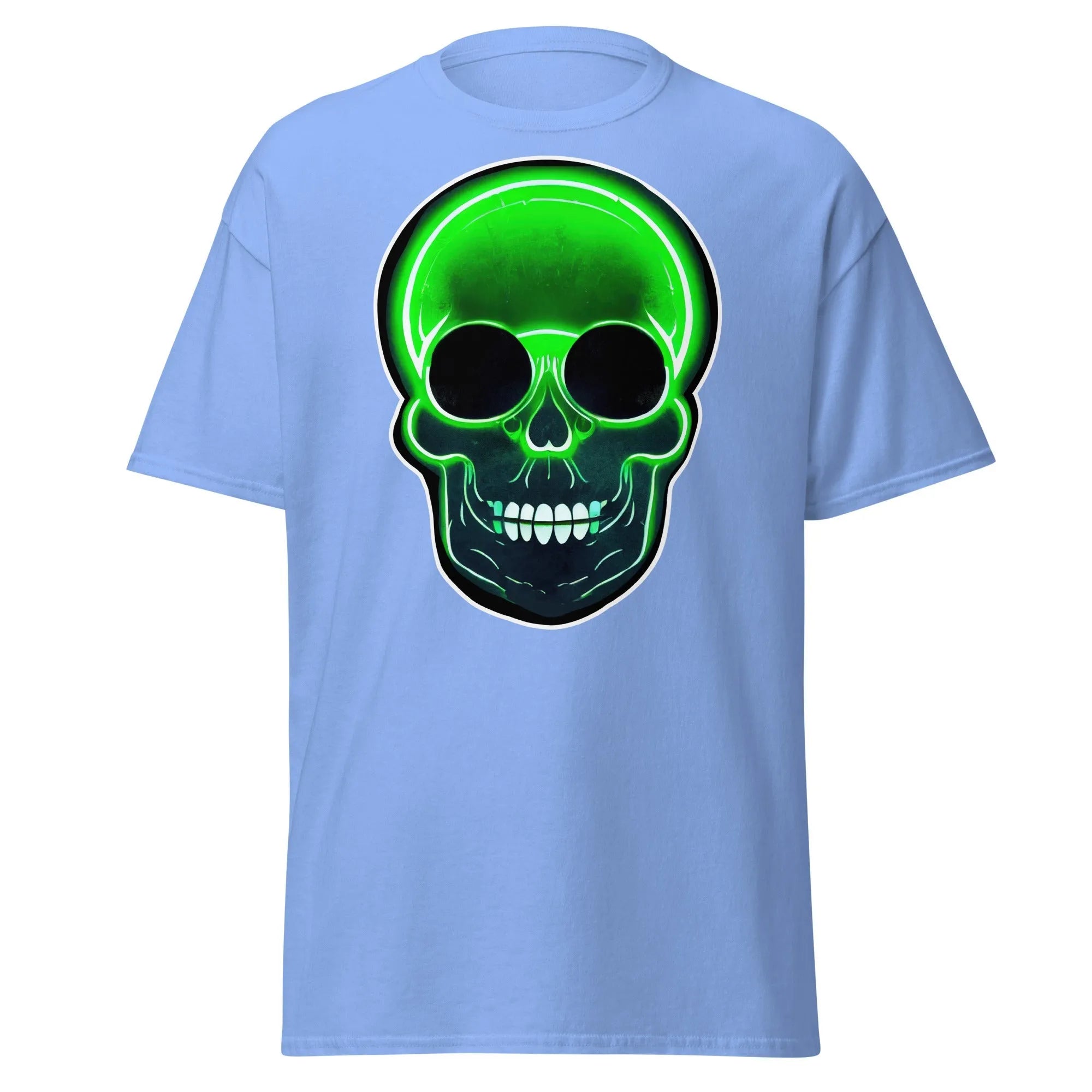 Glowbone Skull carolina blue Halloween T-shirt featuring a bold neon green skull with glowing edges and dark eye sockets on the front.