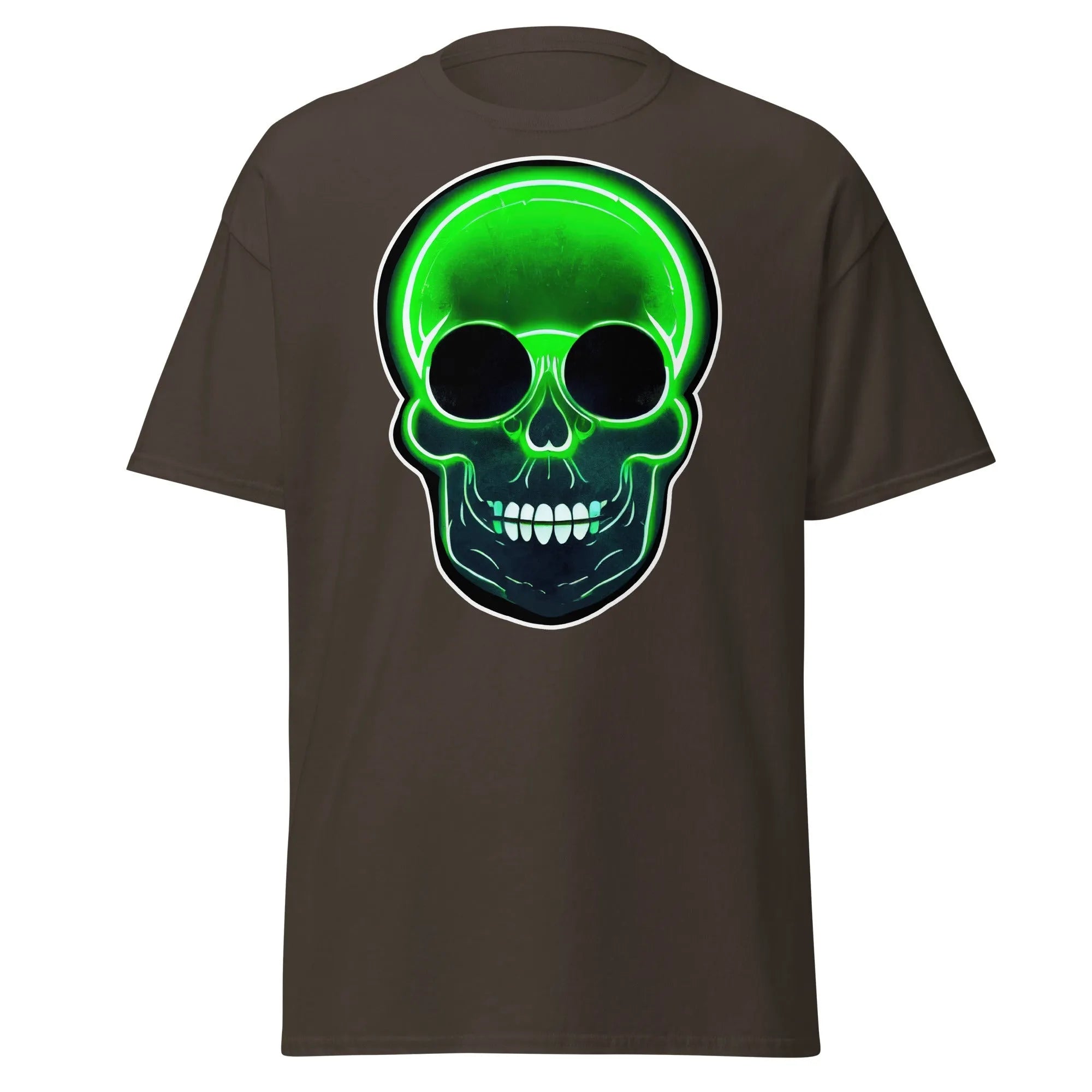 Glowbone Skull chocolate Halloween T-shirt featuring a bold neon green skull with glowing edges and dark eye sockets on the front.