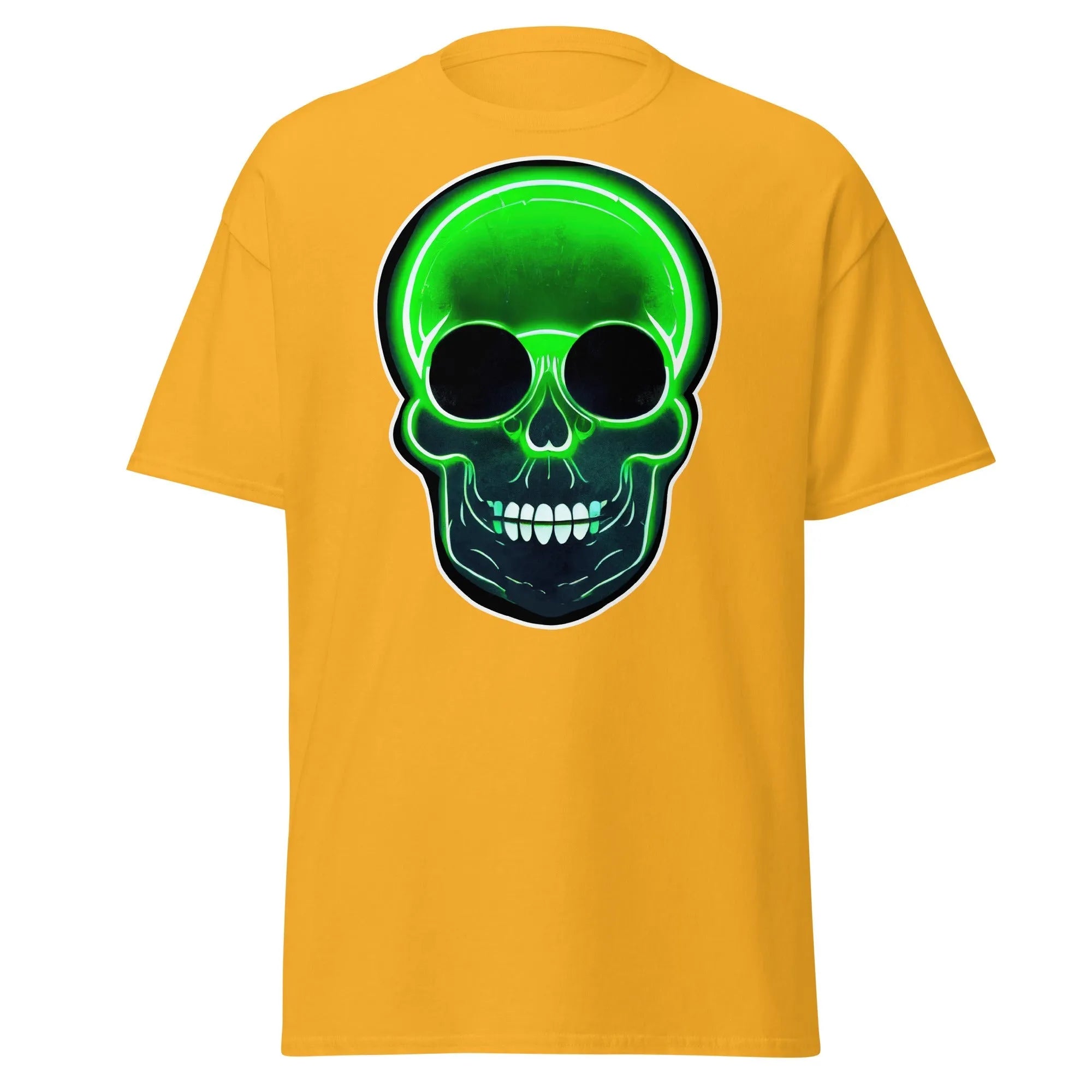 Glowbone Skull gold Halloween T-shirt featuring a bold neon green skull with glowing edges and dark eye sockets on the front.