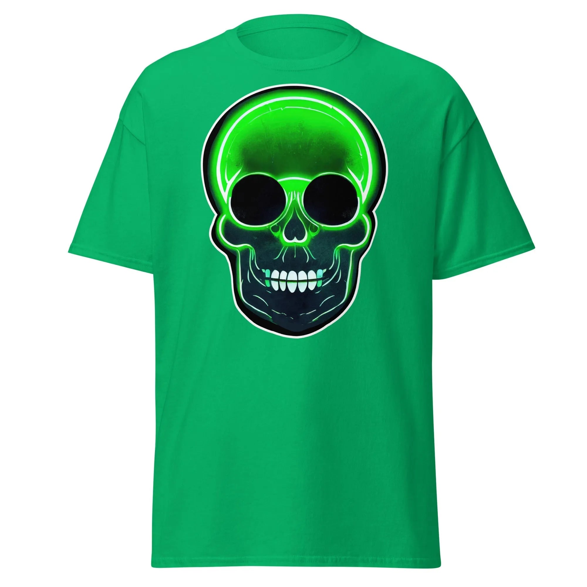 Glowbone Skull green Halloween T-shirt featuring a bold neon green skull with glowing edges and dark eye sockets on the front.