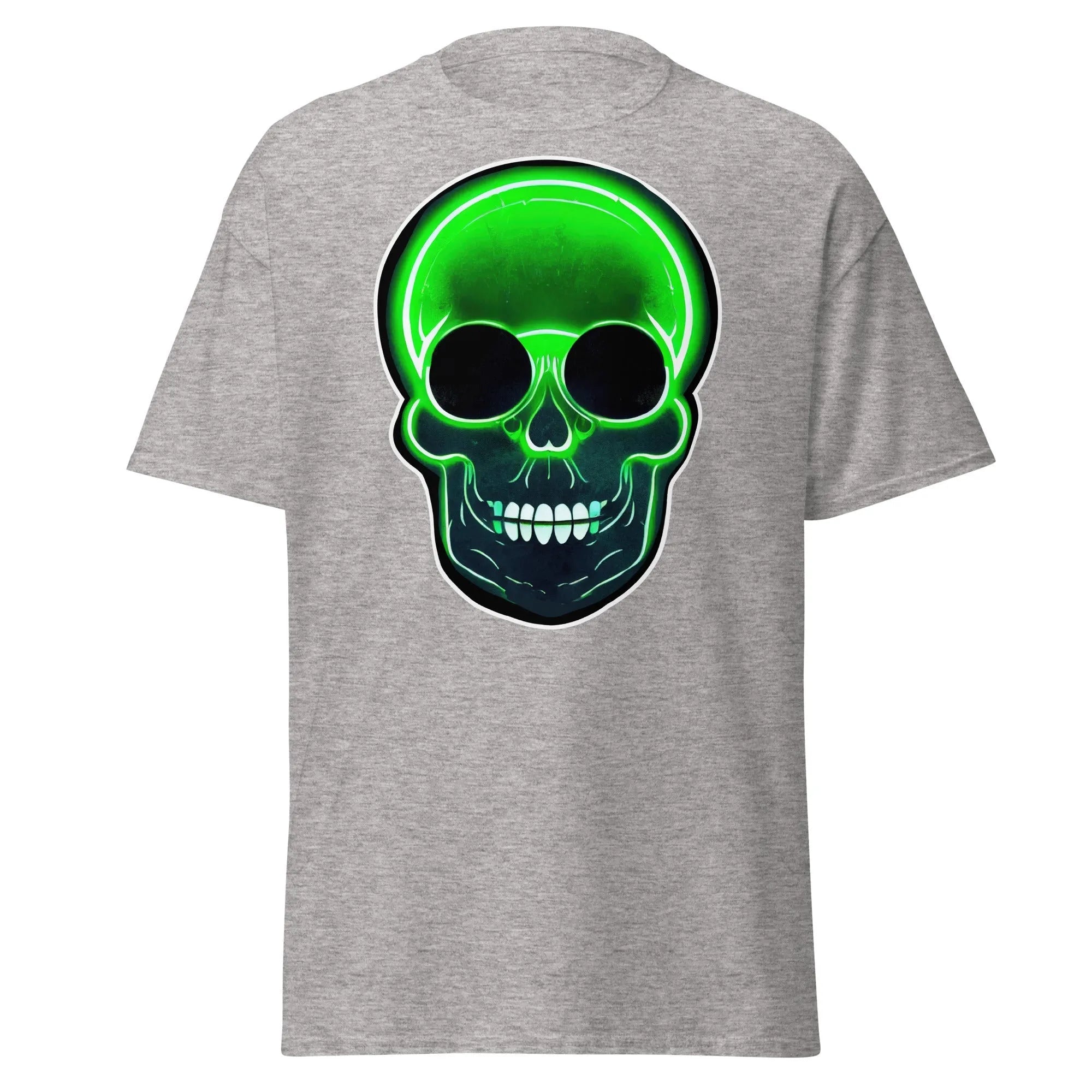 Glowbone Skull grey Halloween T-shirt featuring a bold neon green skull with glowing edges and dark eye sockets on the front.