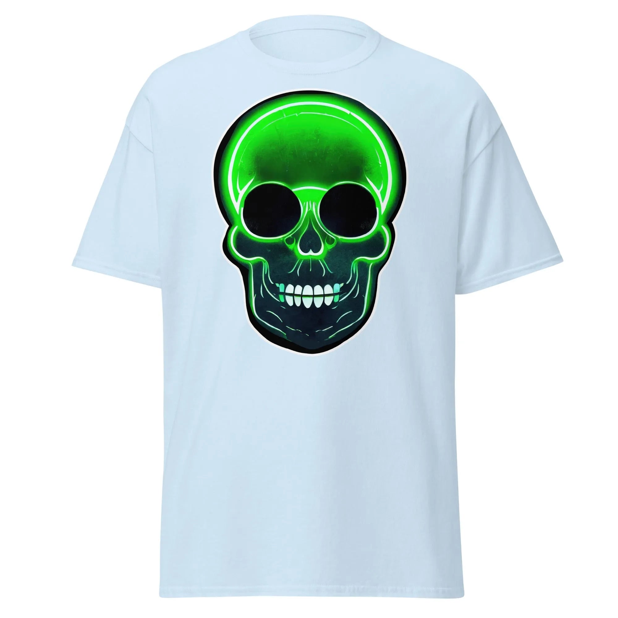 Glowbone Skull light blue Halloween T-shirt featuring a bold neon green skull with glowing edges and dark eye sockets on the front.