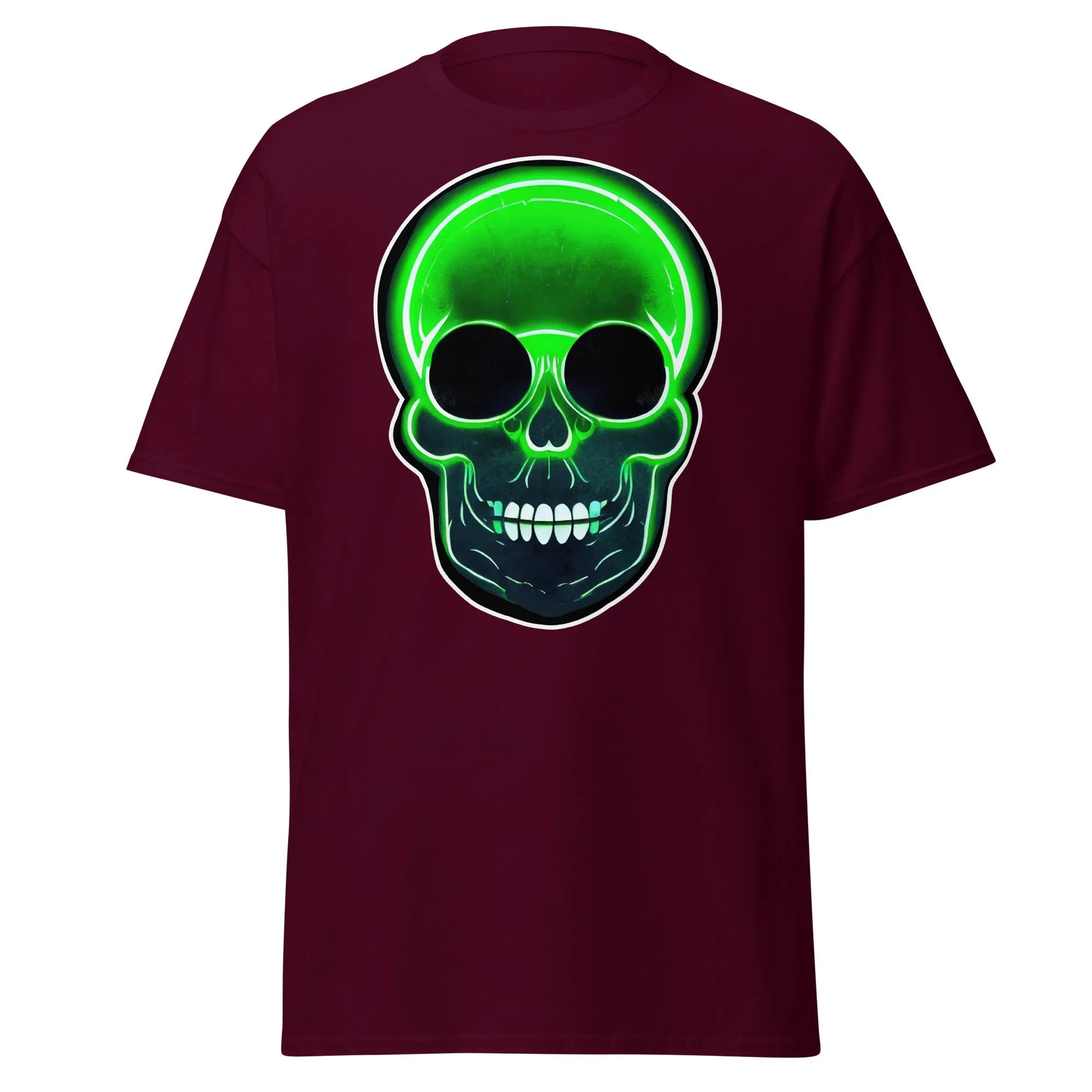 Glowbone Skull maroon Halloween T-shirt featuring a bold neon green skull with glowing edges and dark eye sockets on the front.