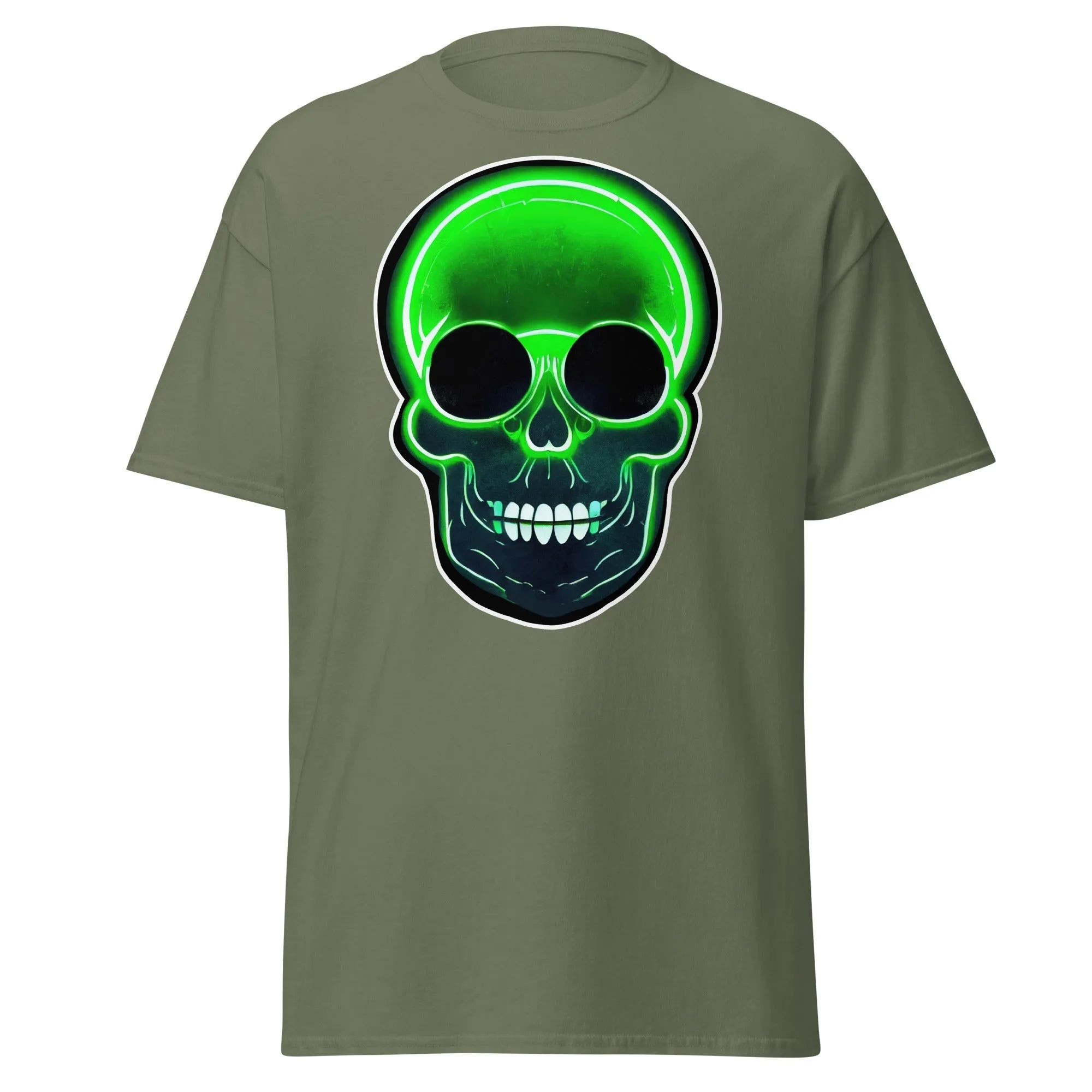 Glowbone Skull military green Halloween T-shirt featuring a bold neon green skull with glowing edges and dark eye sockets on the front.