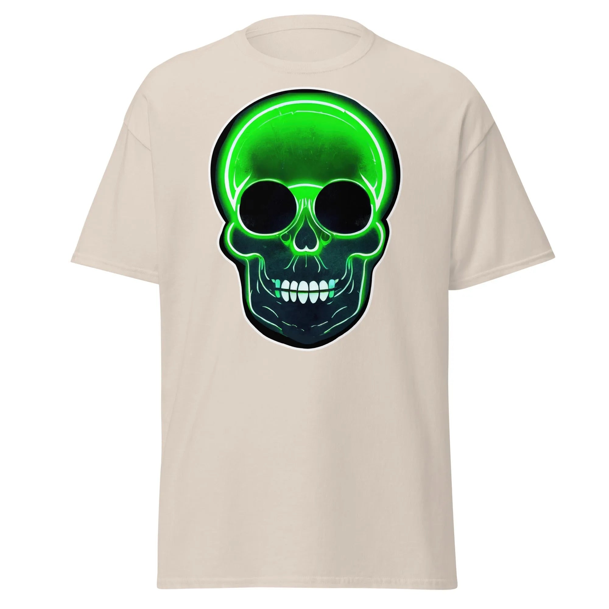 Glowbone Skull natural Halloween T-shirt featuring a bold neon green skull with glowing edges and dark eye sockets on the front.