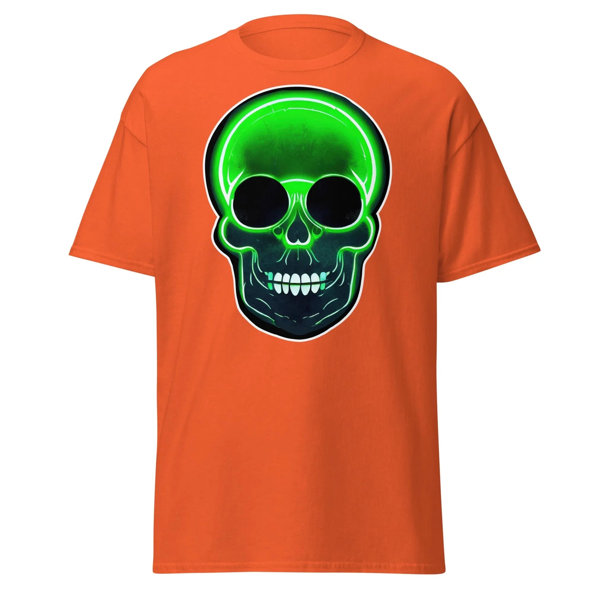 Glowbone Skull orange Halloween T-shirt featuring a bold neon green skull with glowing edges and dark eye sockets on the front.