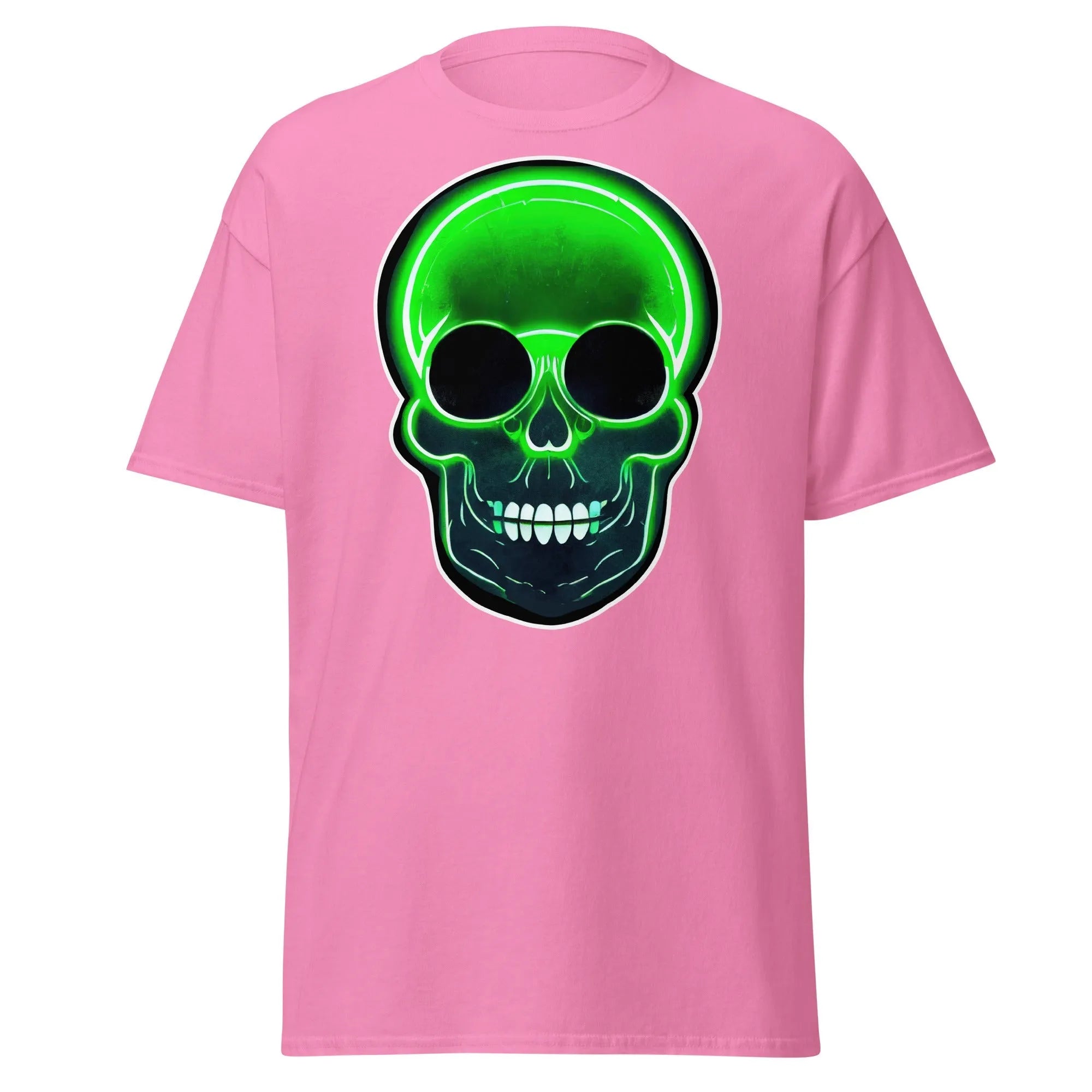 Glowbone Skull pink Halloween T-shirt featuring a bold neon green skull with glowing edges and dark eye sockets on the front.
