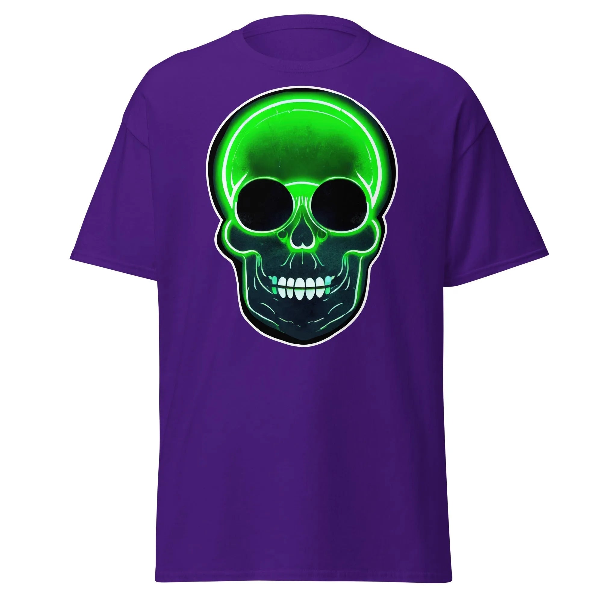 Glowbone Skull purple Halloween T-shirt featuring a bold neon green skull with glowing edges and dark eye sockets on the front.
