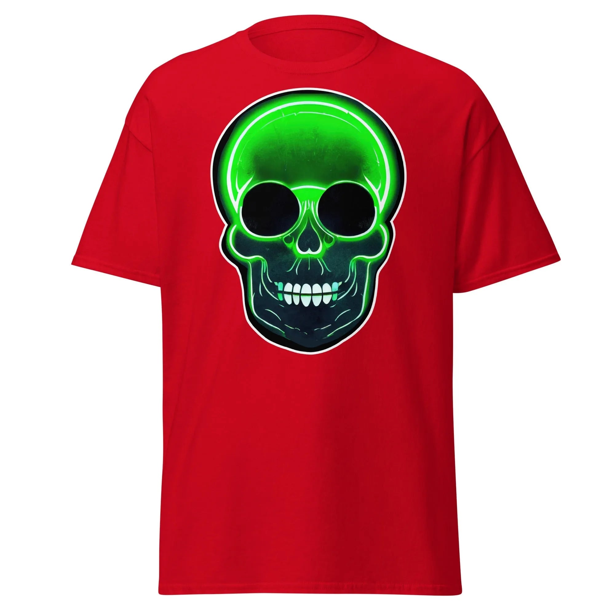 Glowbone Skull red Halloween T-shirt featuring a bold neon green skull with glowing edges and dark eye sockets on the front.