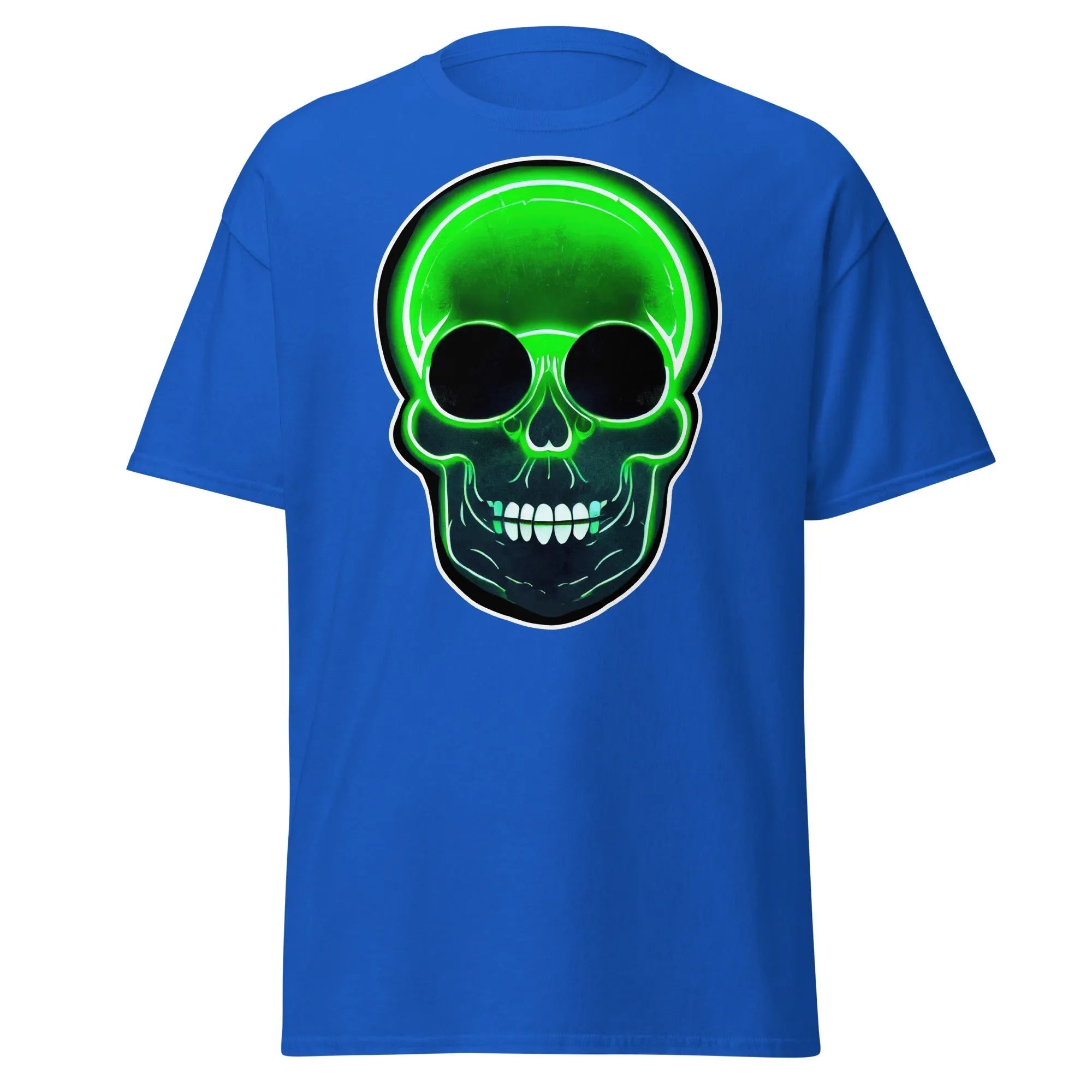 Glowbone Skull royal blue Halloween T-shirt featuring a bold neon green skull with glowing edges and dark eye sockets on the front.