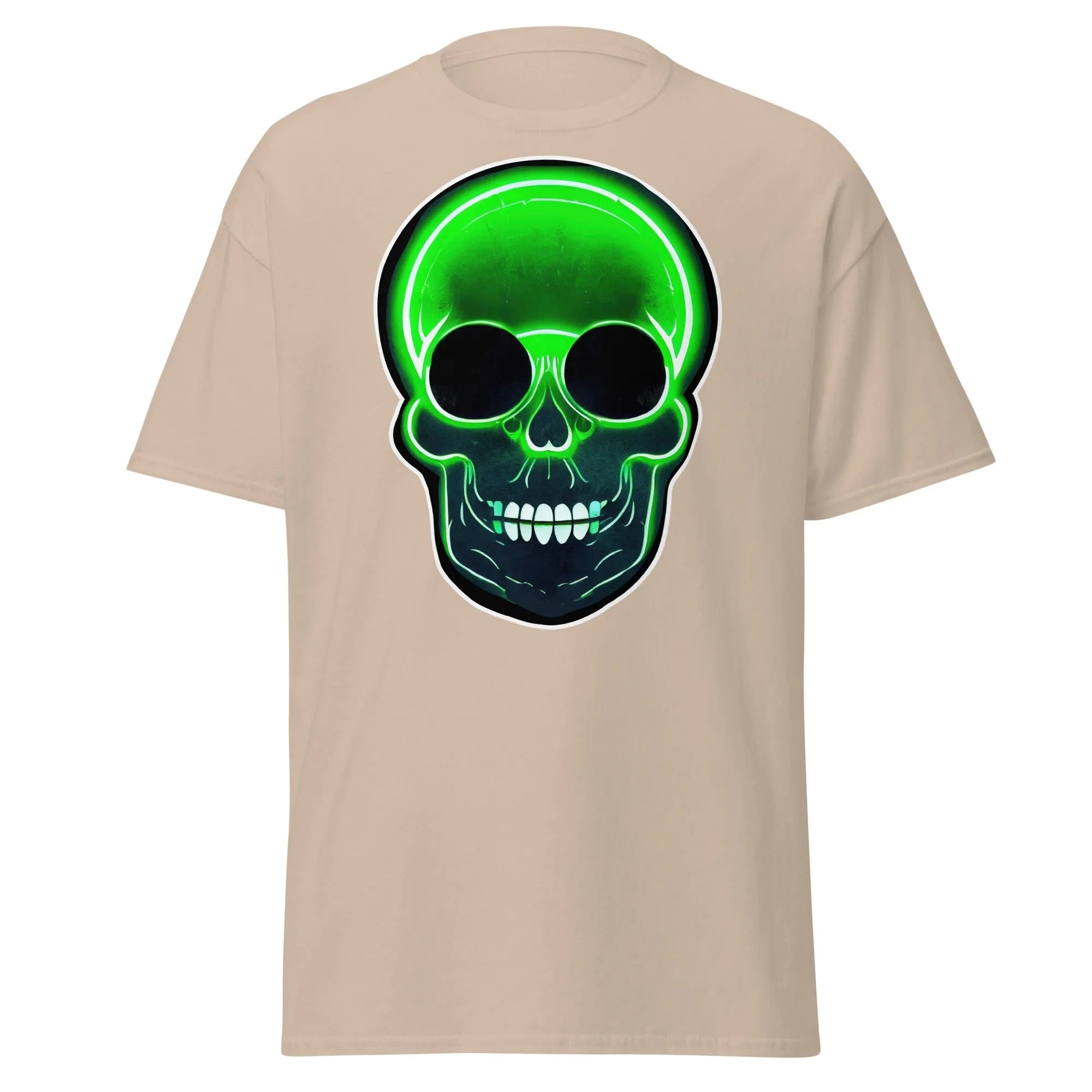 Glowbone Skull sand Halloween T-shirt featuring a bold neon green skull with glowing edges and dark eye sockets on the front.