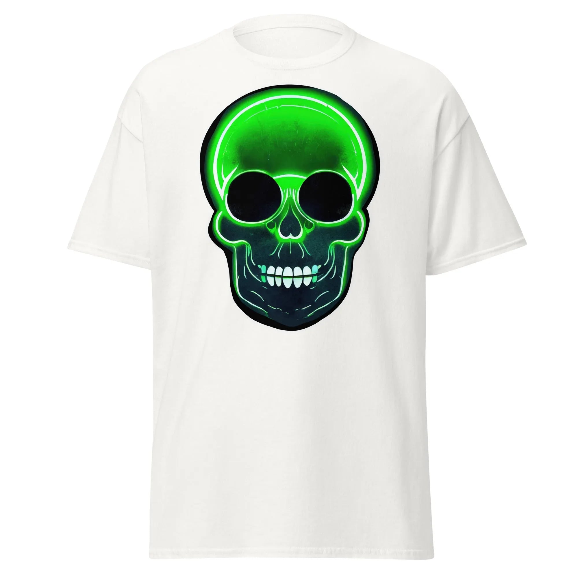 Glowbone Skull white Halloween T-shirt featuring a bold neon green skull with glowing edges and dark eye sockets on the front.