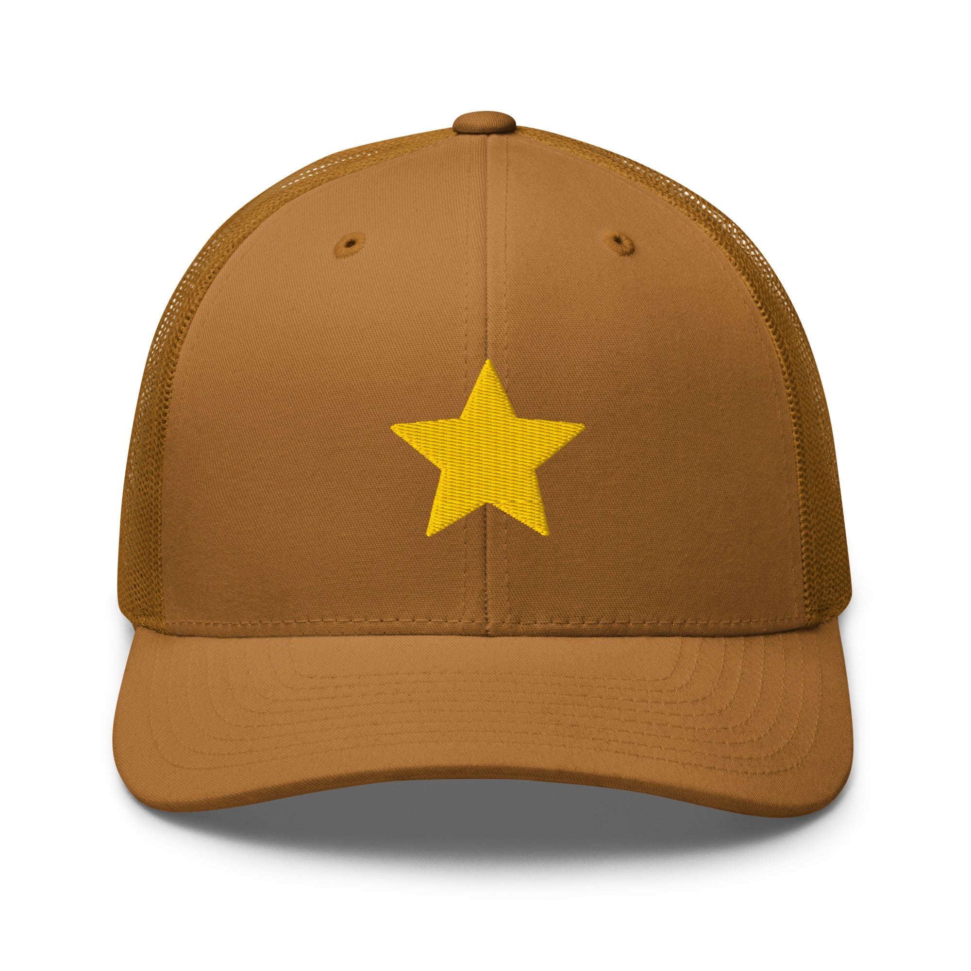 Gold Star caramel Trucker Cap with structured front, mesh back, and embroidered gold star detail by Kicks Shoelaces