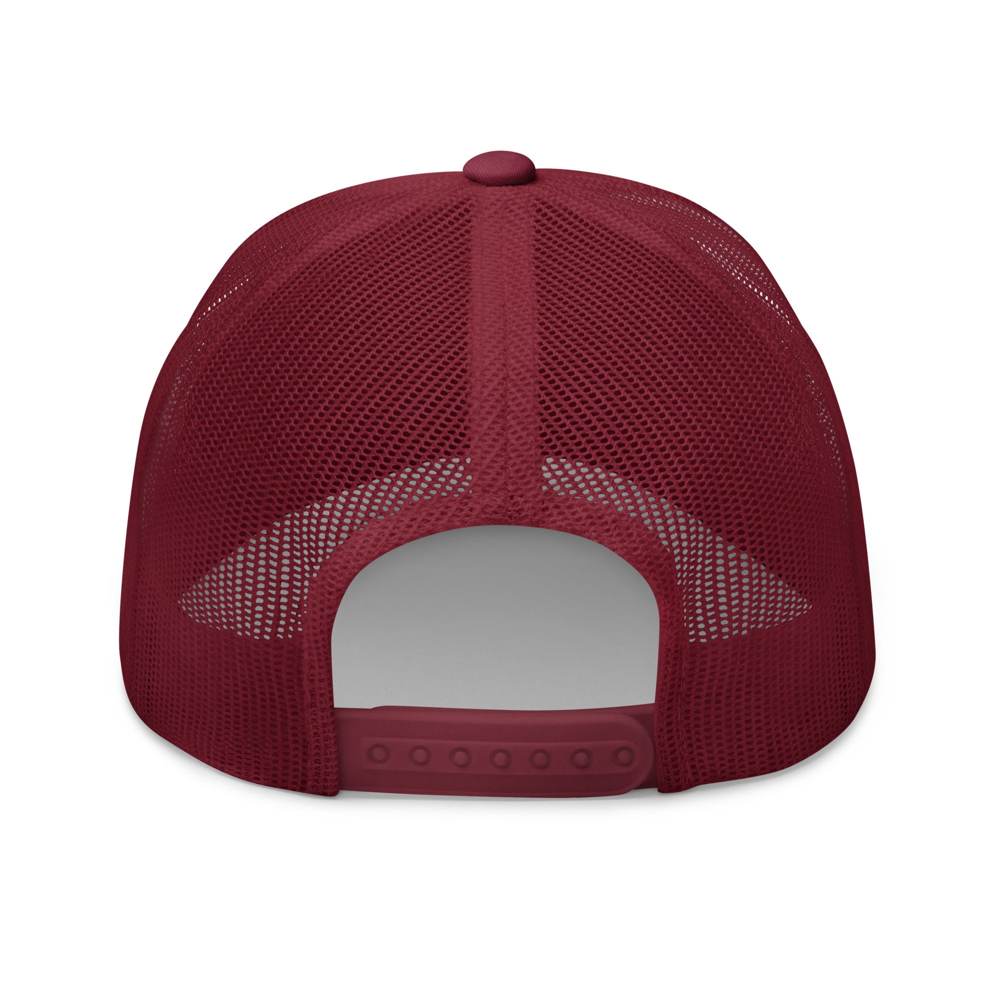 Rear view of Gold Star cranberry Trucker Cap with adjustable snapback closure