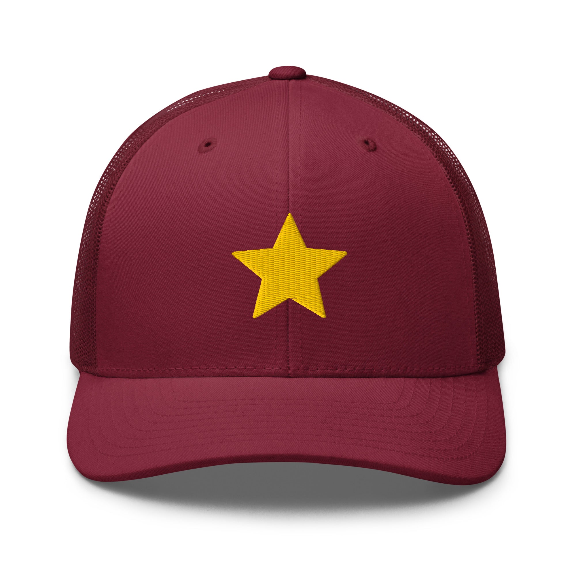 Gold Star cranberry Trucker Cap with structured front, mesh back, and embroidered gold star detail by Kicks Shoelaces