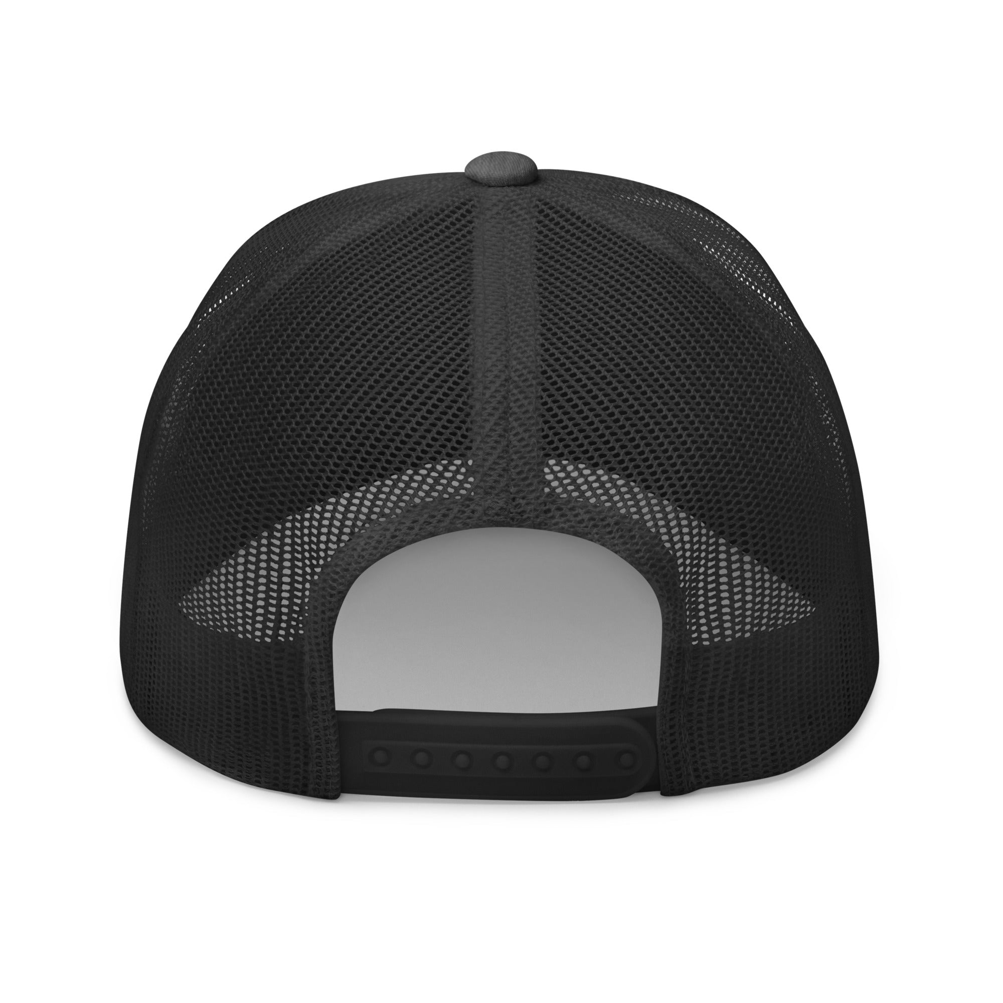 Rear view of Gold Star dark grey and heather Trucker Cap with adjustable snapback closure