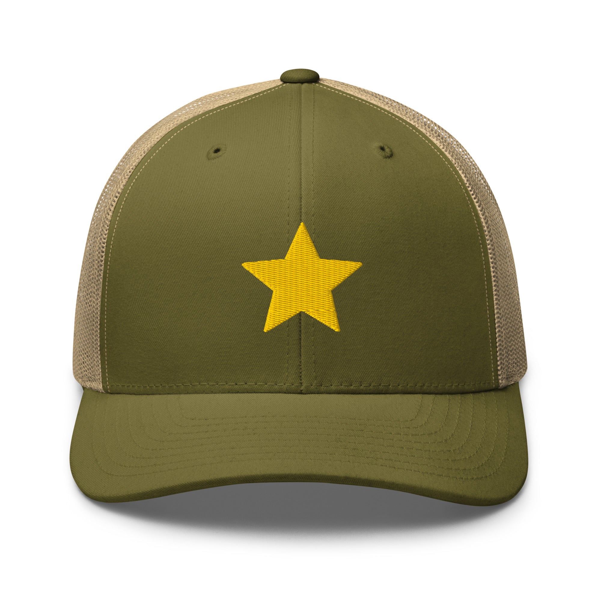 Gold Star green and khaki Trucker Cap with structured front, mesh back, and embroidered gold star detail by Kicks Shoelaces