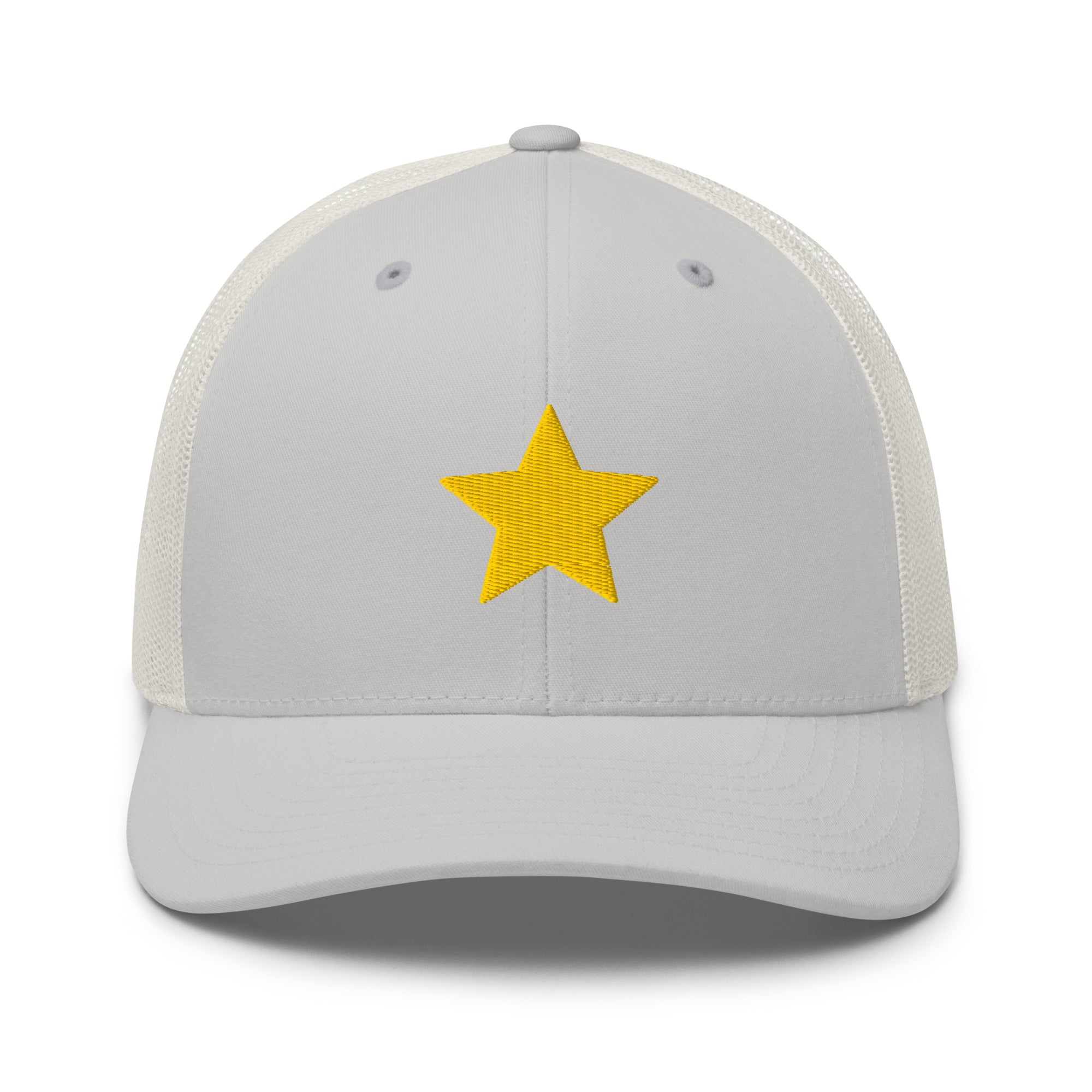 Gold Star silver Trucker Cap with structured front, mesh back, and embroidered gold star detail by Kicks Shoelaces