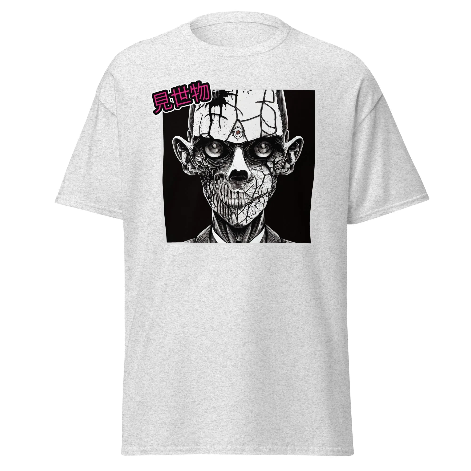 Gravewalker ash Halloween T-shirt features a black and white creepy zombie face with cracked skin and hollow eyes.