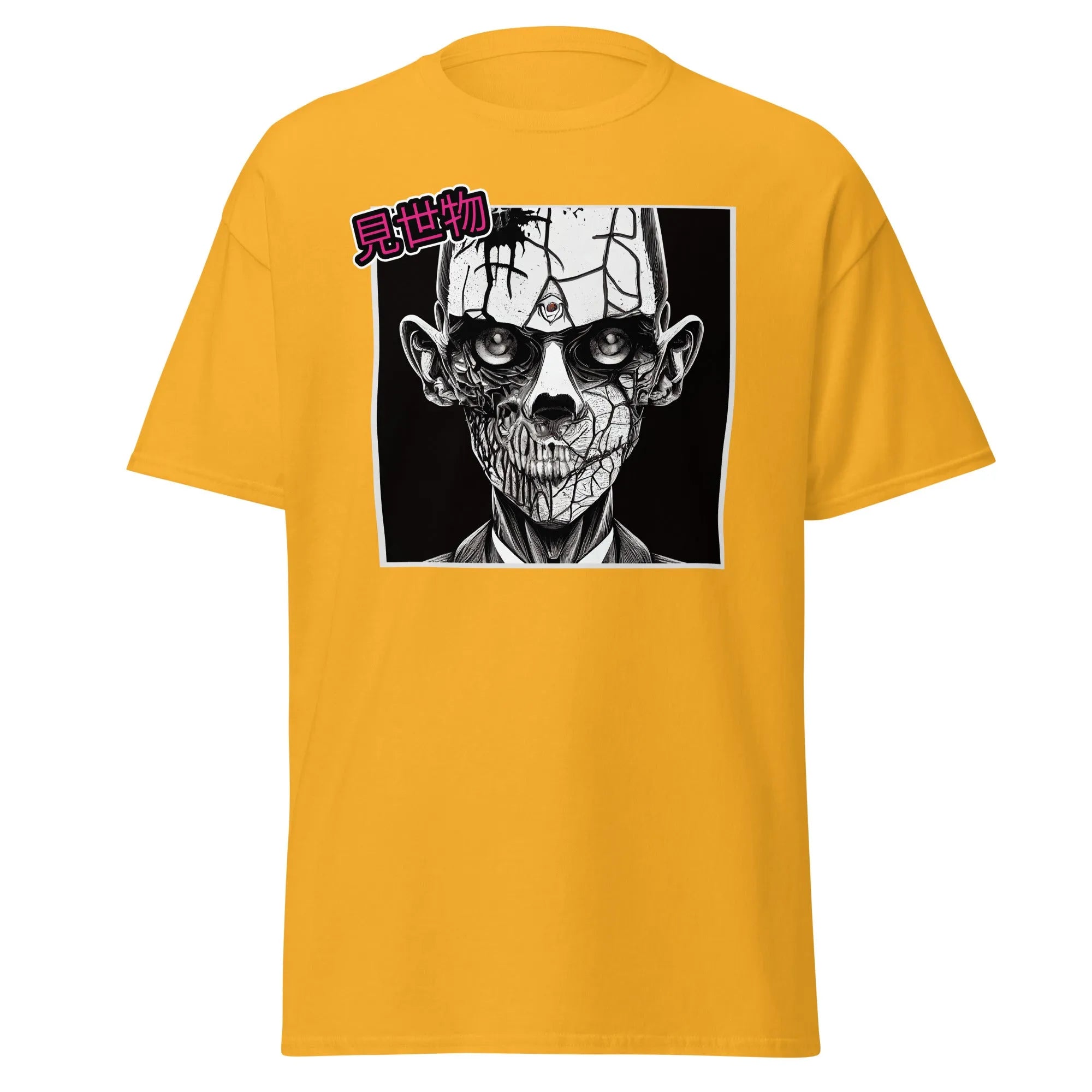Gravewalker gold Halloween T-shirt features a black and white creepy zombie face with cracked skin and hollow eyes.