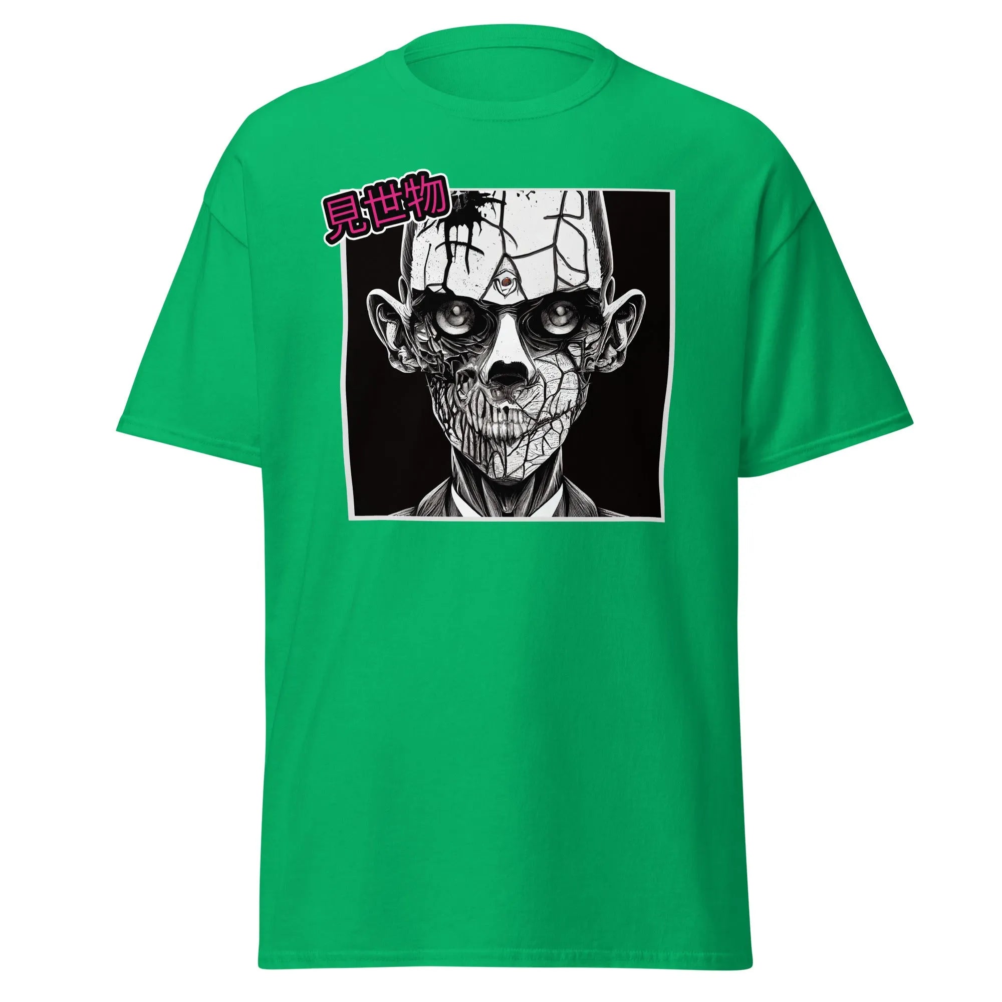 Gravewalker green Halloween T-shirt features a black and white creepy zombie face with cracked skin and hollow eyes.