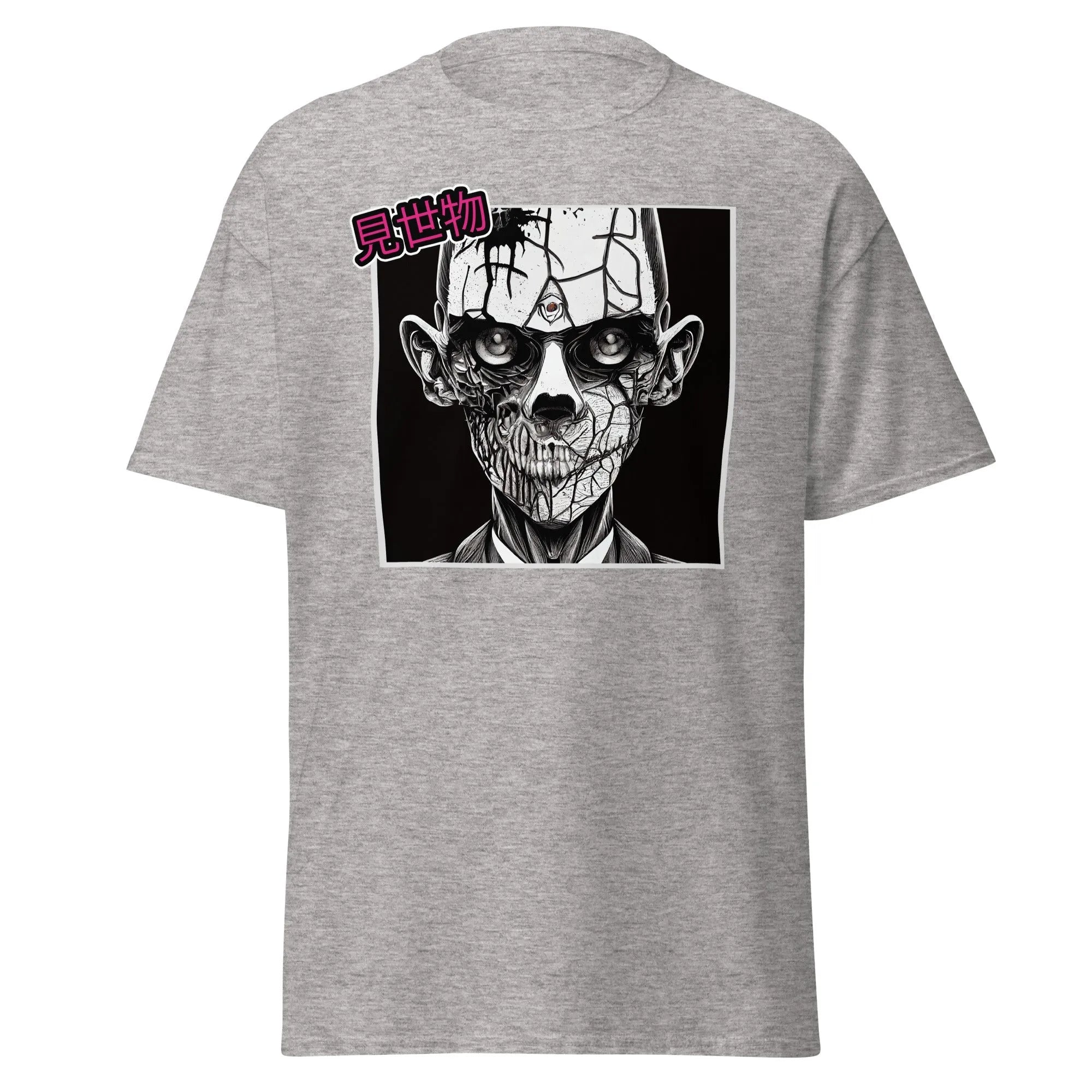 Gravewalker grey Halloween T-shirt features a black and white creepy zombie face with cracked skin and hollow eyes.