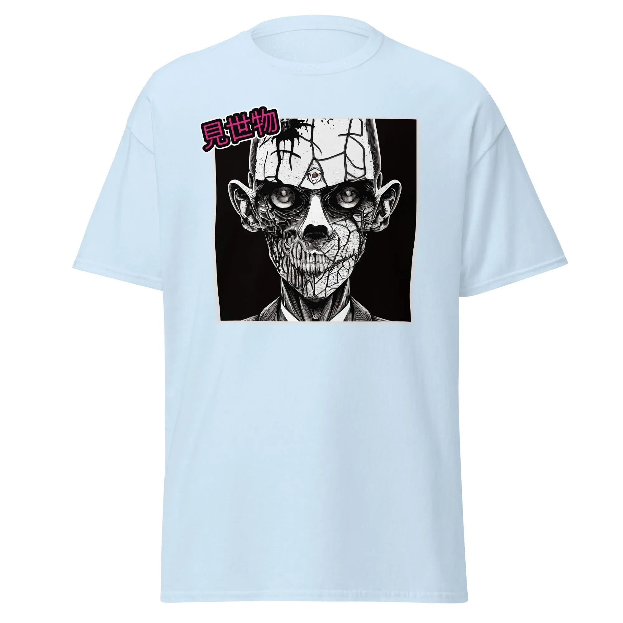 Gravewalker light blue Halloween T-shirt features a black and white creepy zombie face with cracked skin and hollow eyes.