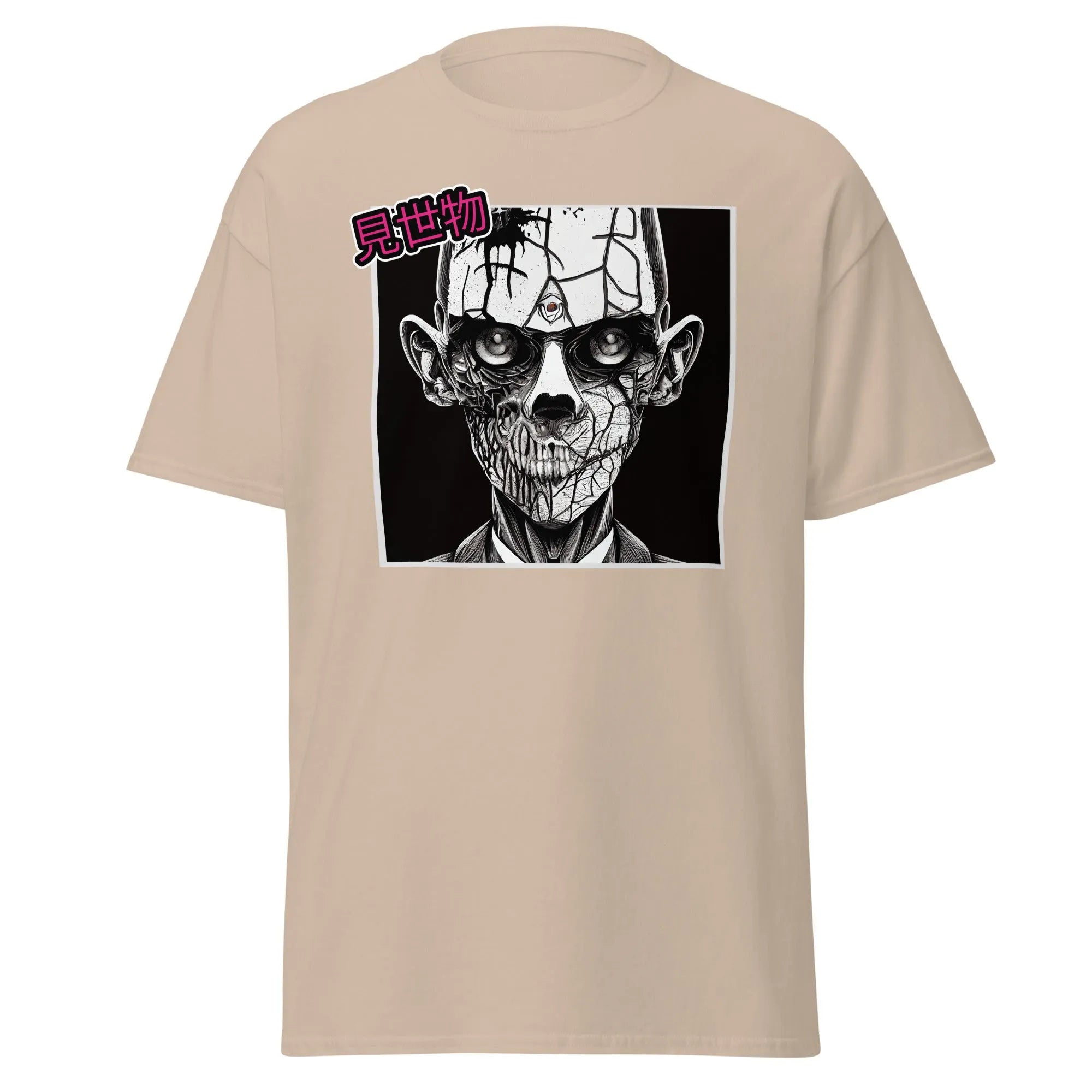 Gravewalker sand Halloween T-shirt features a black and white creepy zombie face with cracked skin and hollow eyes.