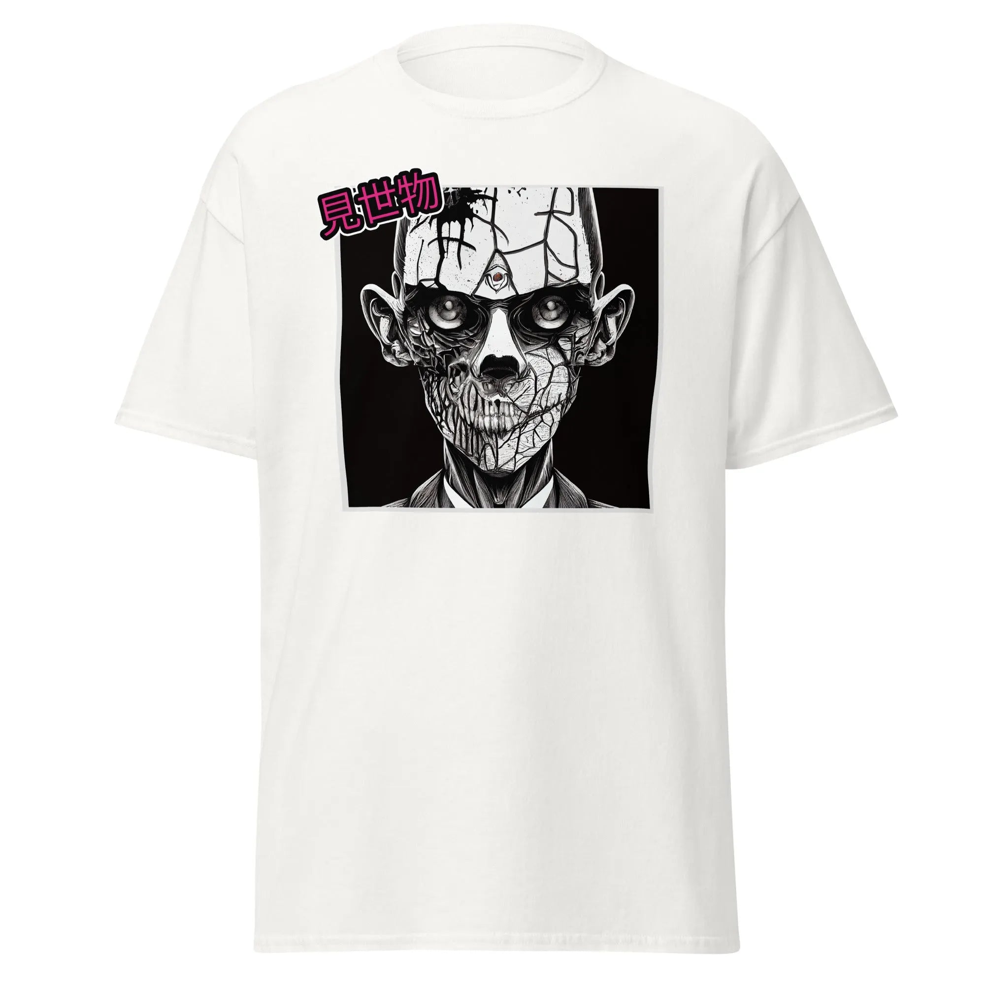 Gravewalker white Halloween T-shirt features a black and white creepy zombie face with cracked skin and hollow eyes.