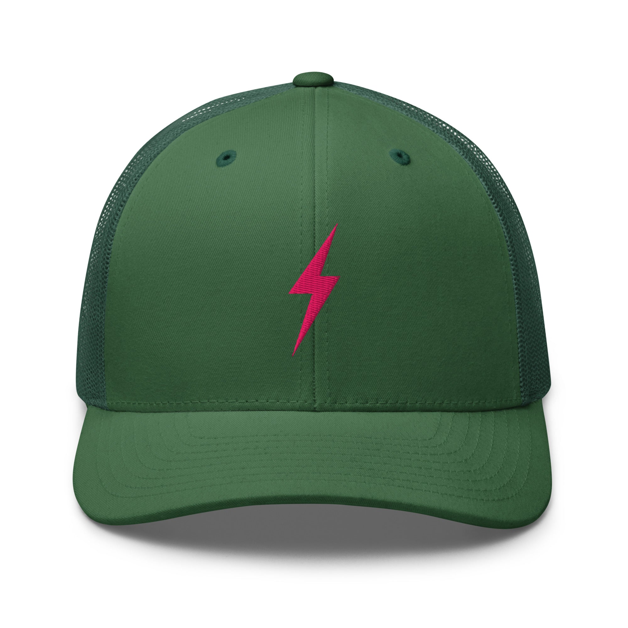 Green trucker hat with pink lightning bolt design on front panel