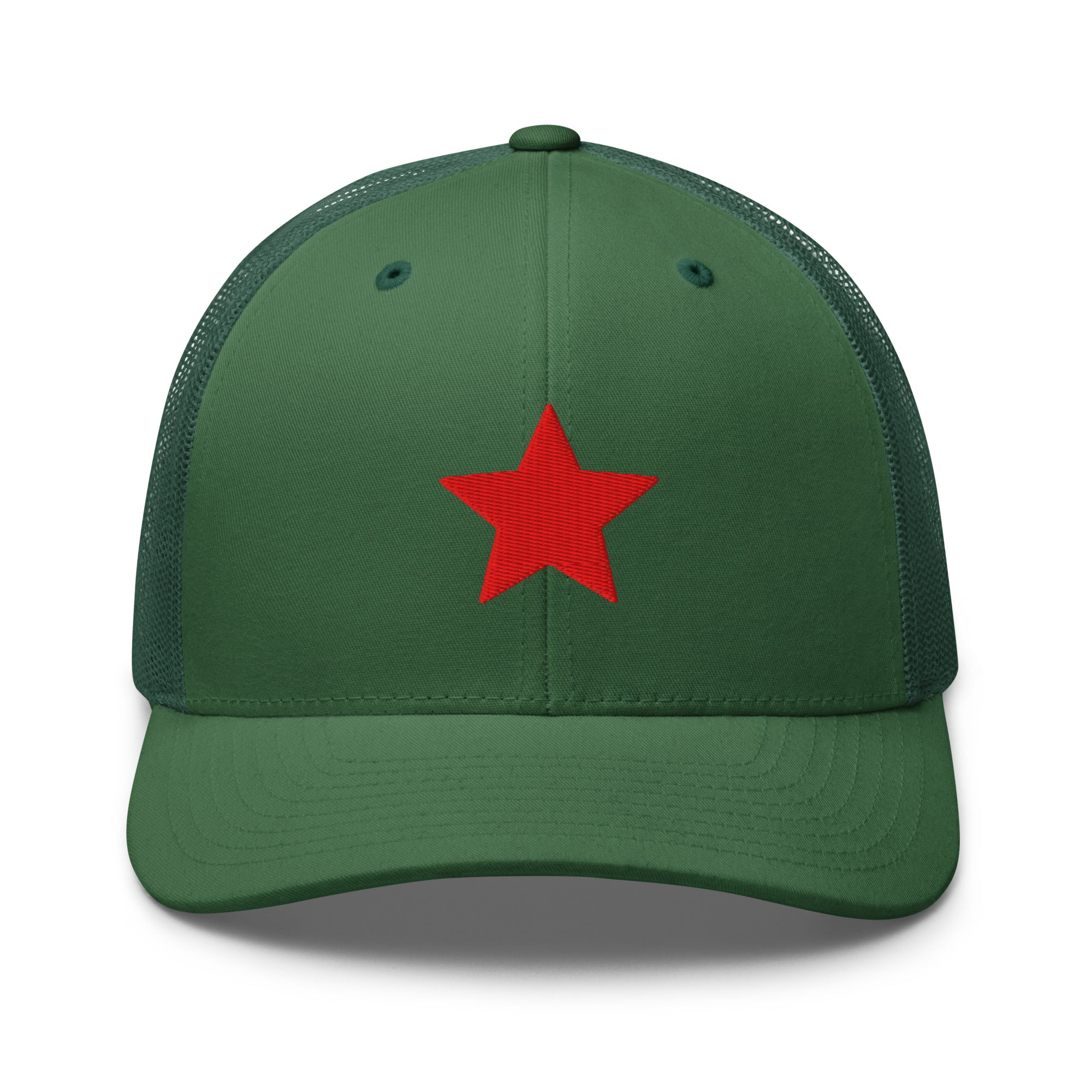 Green truckers hat with an embroidered red star, structured front, mesh back, and adjustable fit by Kicks Shoelaces
