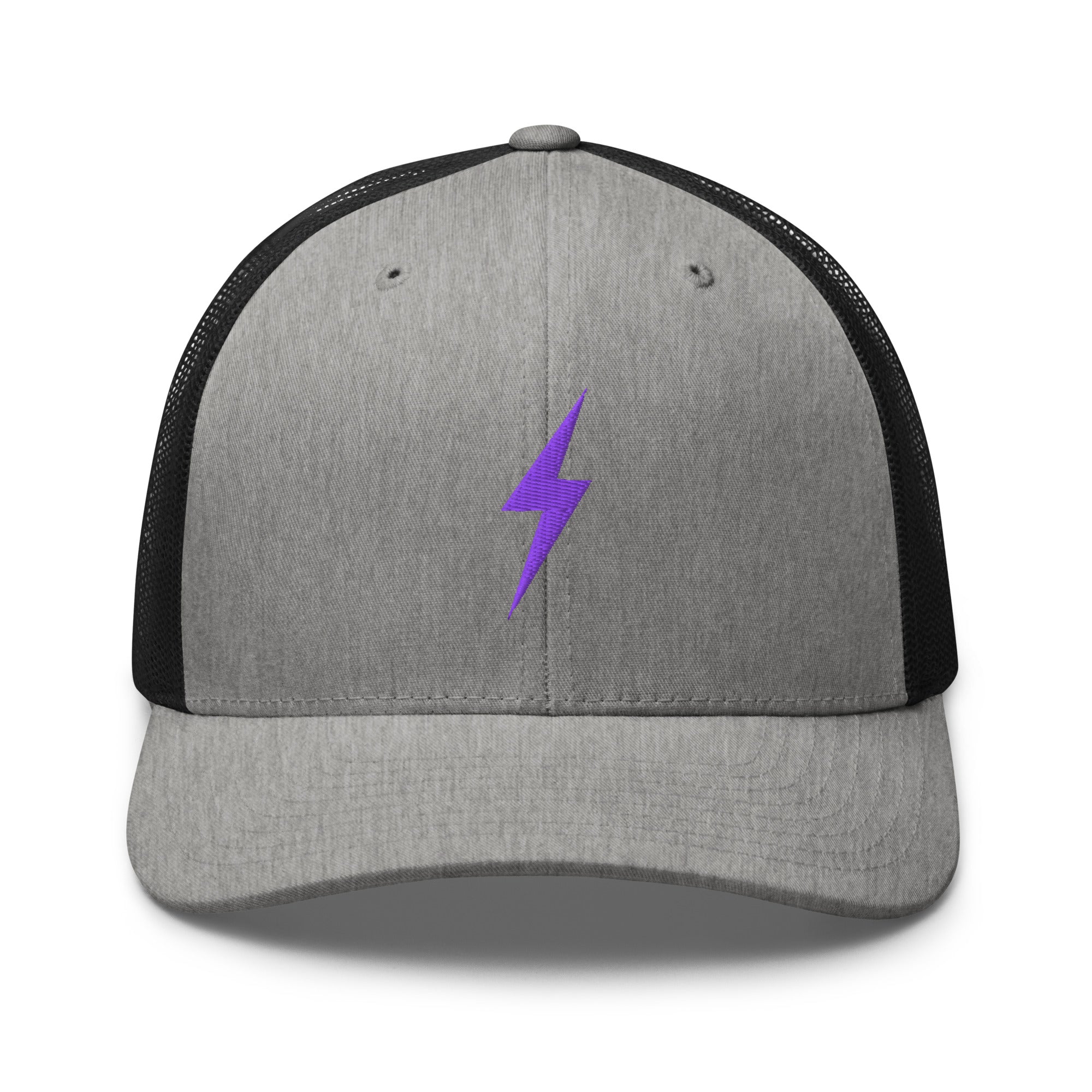 Grey and black trucker hat with a purple lightning bolt design on front panel