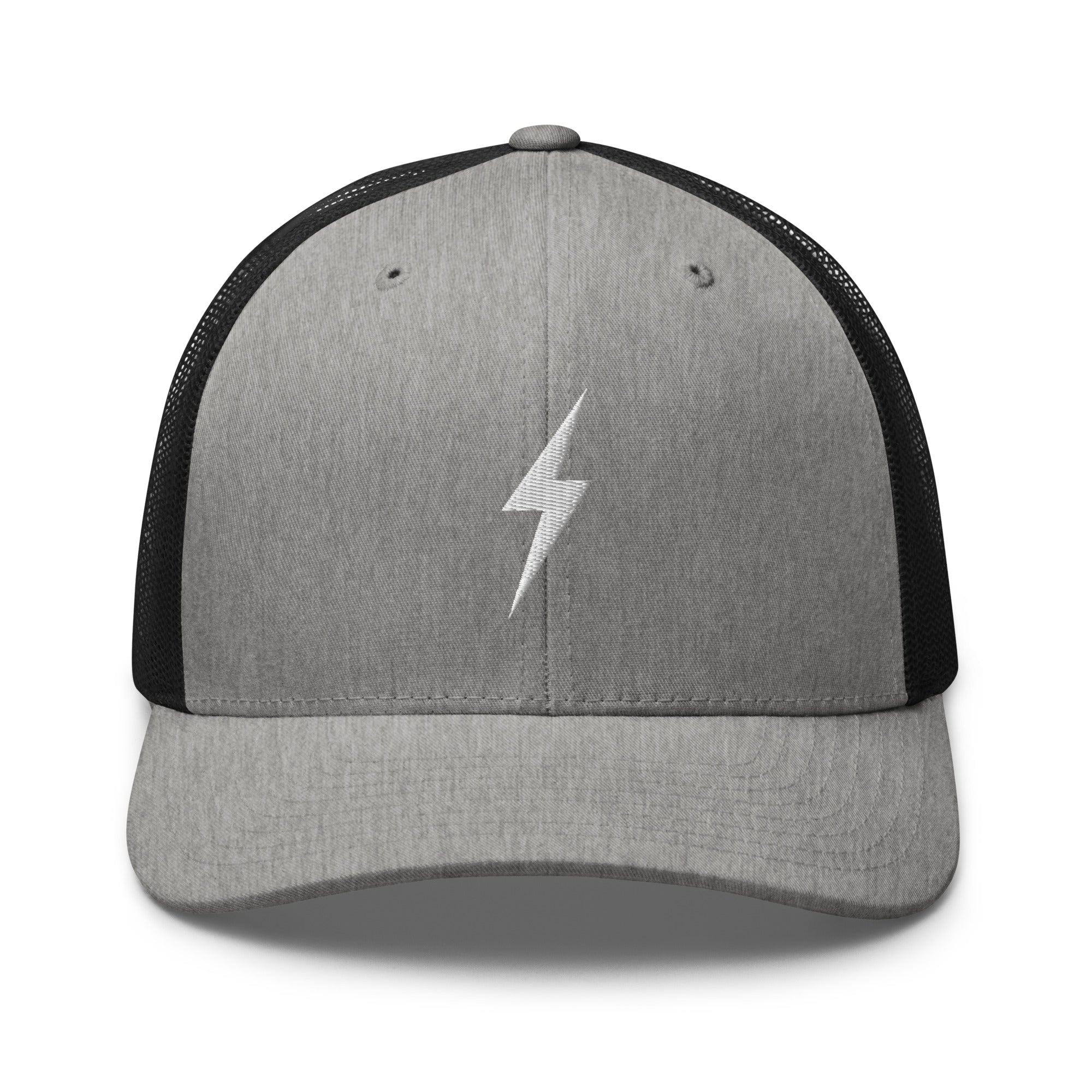 Grey and black trucker hat with a white lightning bolt design on front panel
