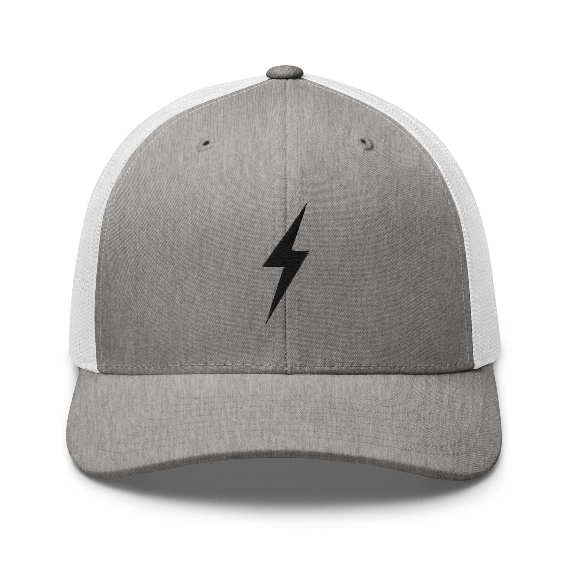 Grey and white trucker hat with a black lightning bolt design on front panel
